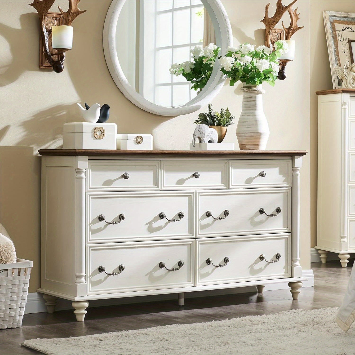 Farmhouse 7-Drawer Dresser Chests for Bedroom with 4 Solid Wood Feet & Column Decoration, Tall and Wide Wood Country Rustic Chest of Drawers, Storage Dressers for Bedroom and Living Room.