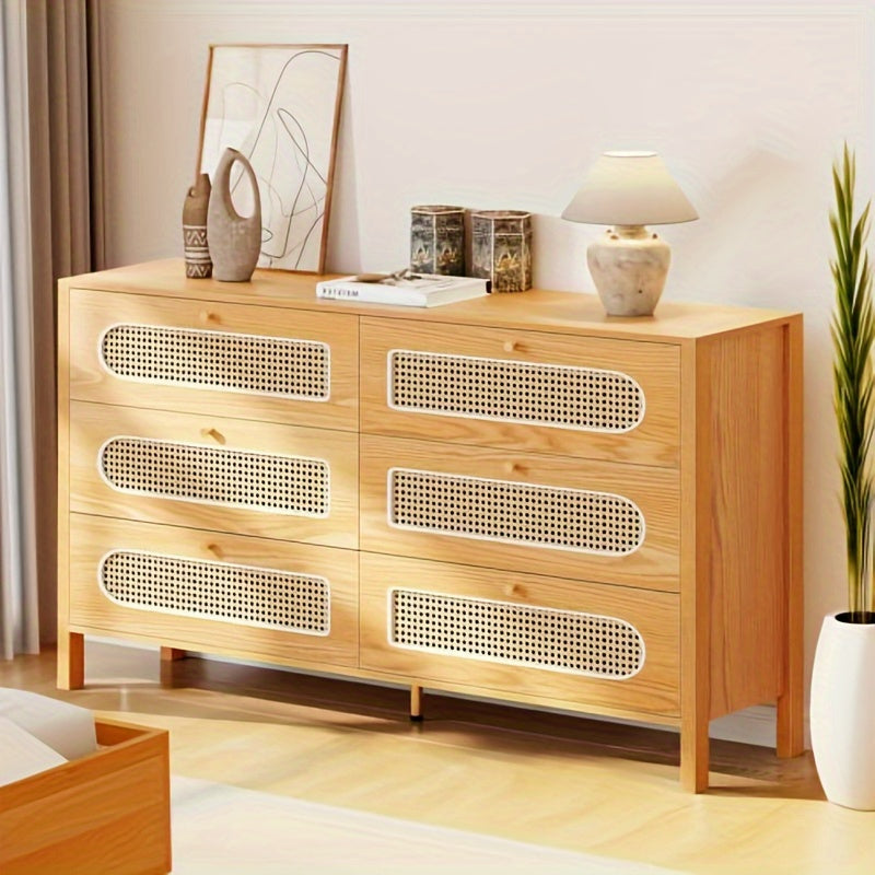 6 Drawer Dresser, 120cm Rattan Double Dresser with Handles, 3 Layers Chest of Drawers for Bedroom, Living Room, Oak Color