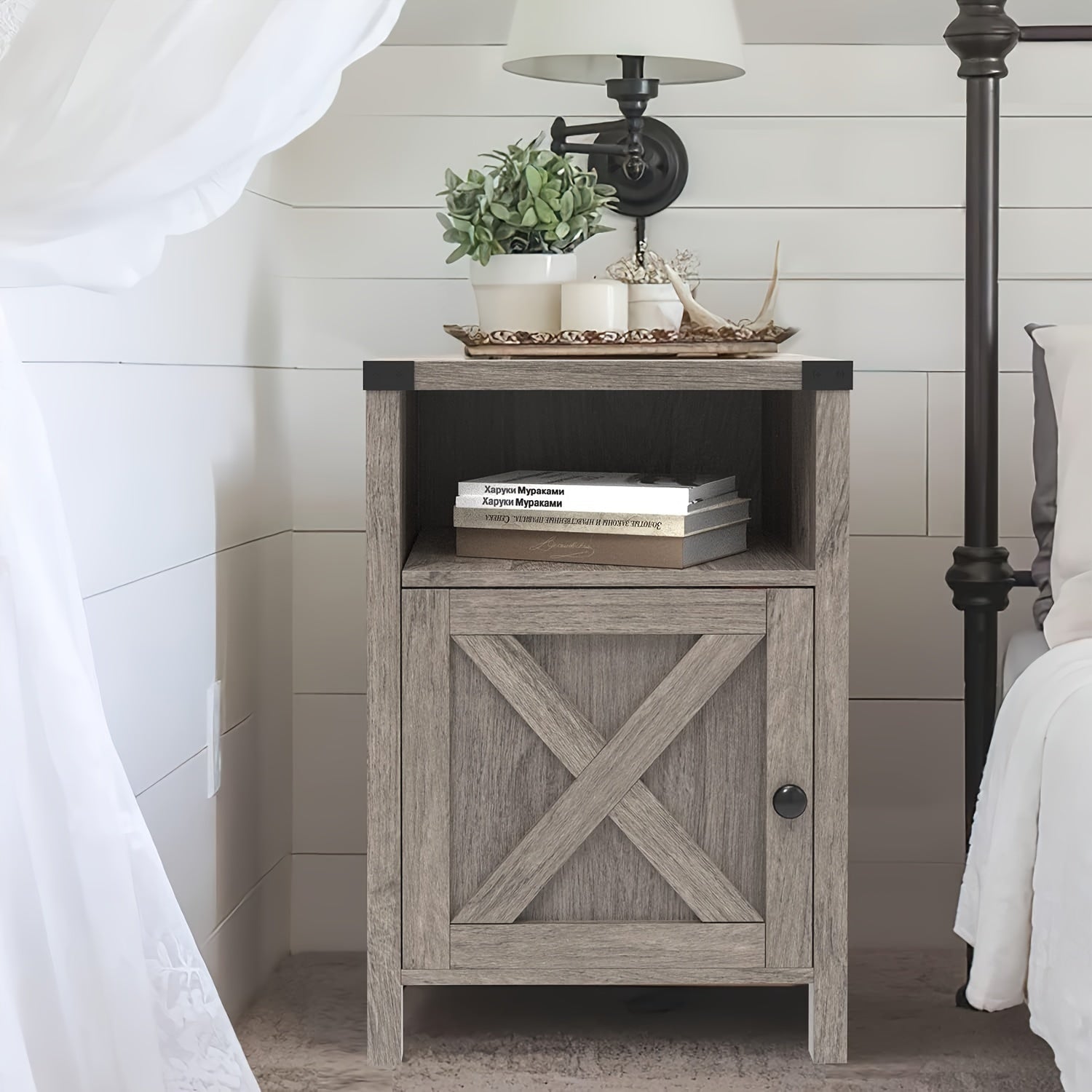 Farmhouse Nightstand, Side Table, End Table with Barn Door and Shelf, Rustic Modern Bed Night Stand for Bedroom, Living Room