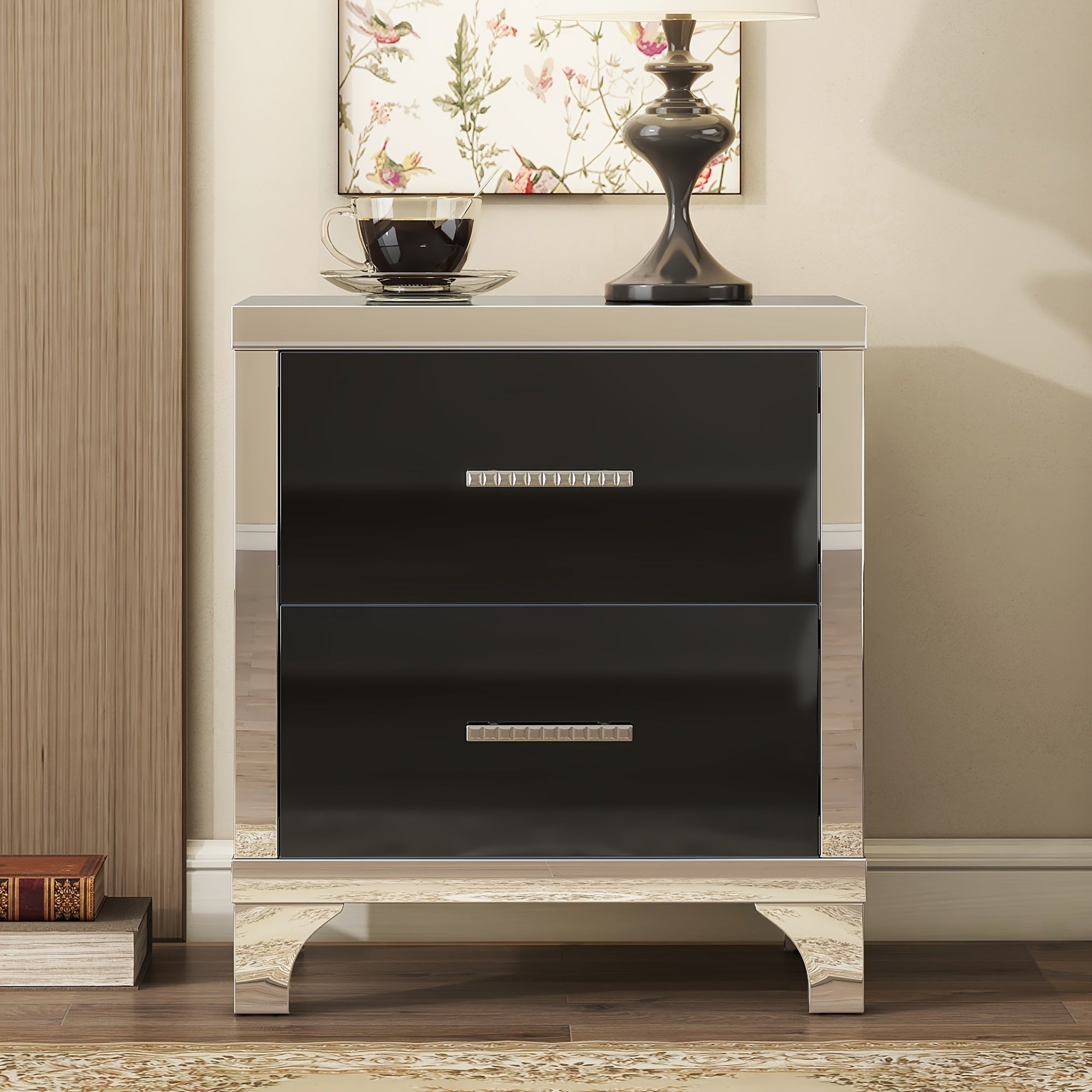 Elegant High Gloss Nightstand With Metal Handle, Mirrored Bedside Table With 2 Drawers For Bedroom, Living Room