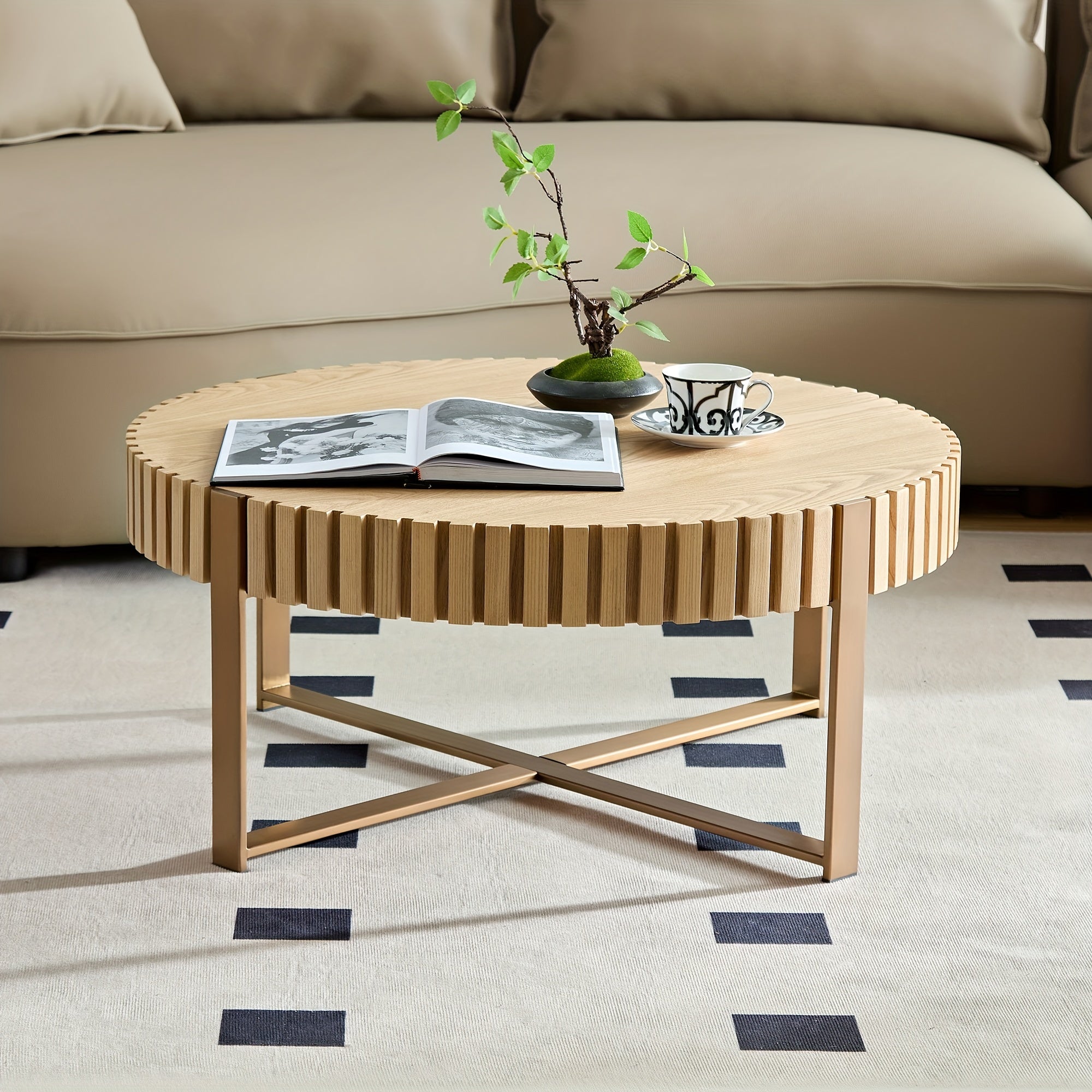 Modern Handcraft Drum Coffee Table 82cm Round Coffee Table For Living Room, Small Coffee Table With Sturdy Pedestal, Black