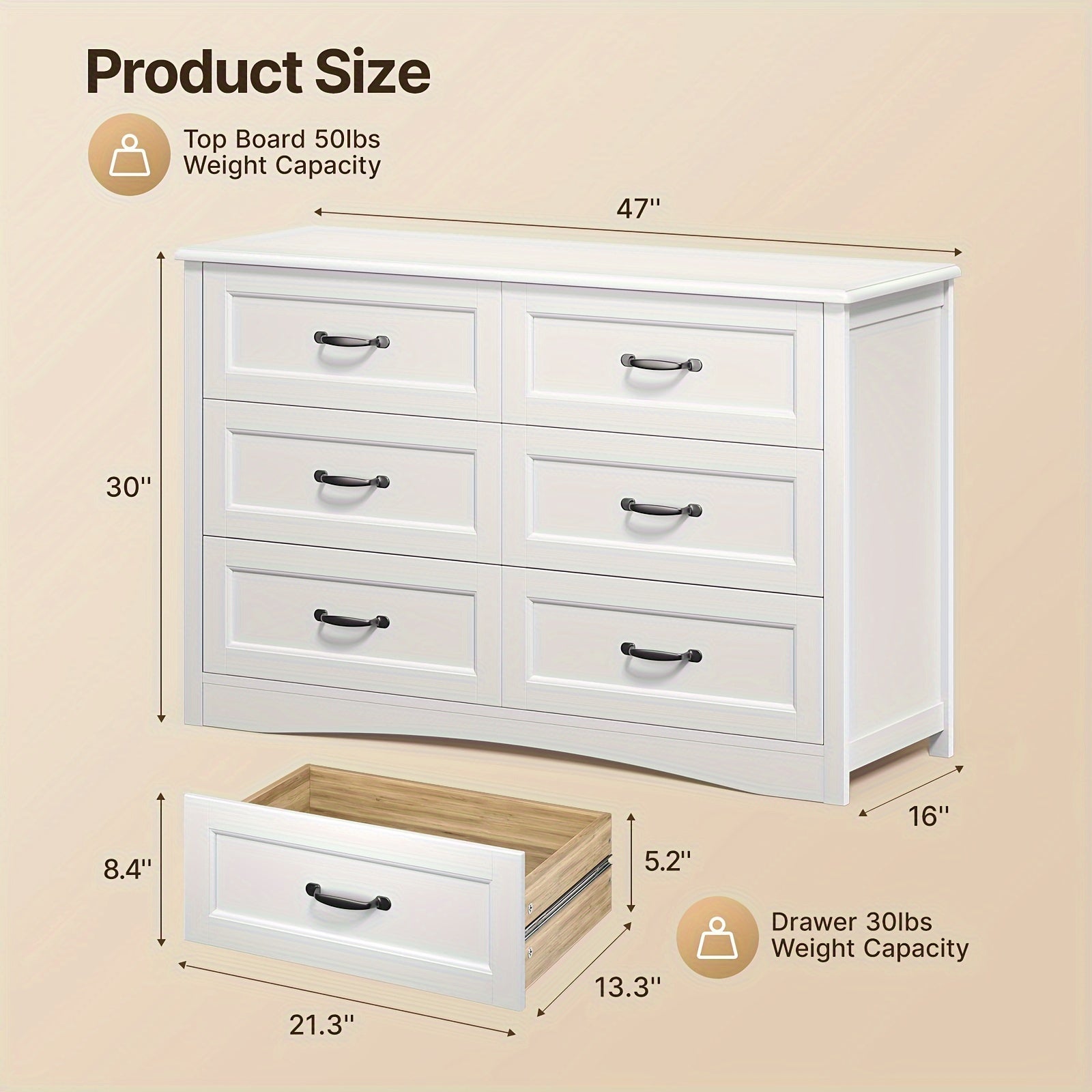 6 Drawer Dresser For Bedroom, White Dressers Chests Of Drawers With Mental Handle, Modern Wood Dresser For Cloakroom, Hallway, Entryway, White Storage Drawer Units