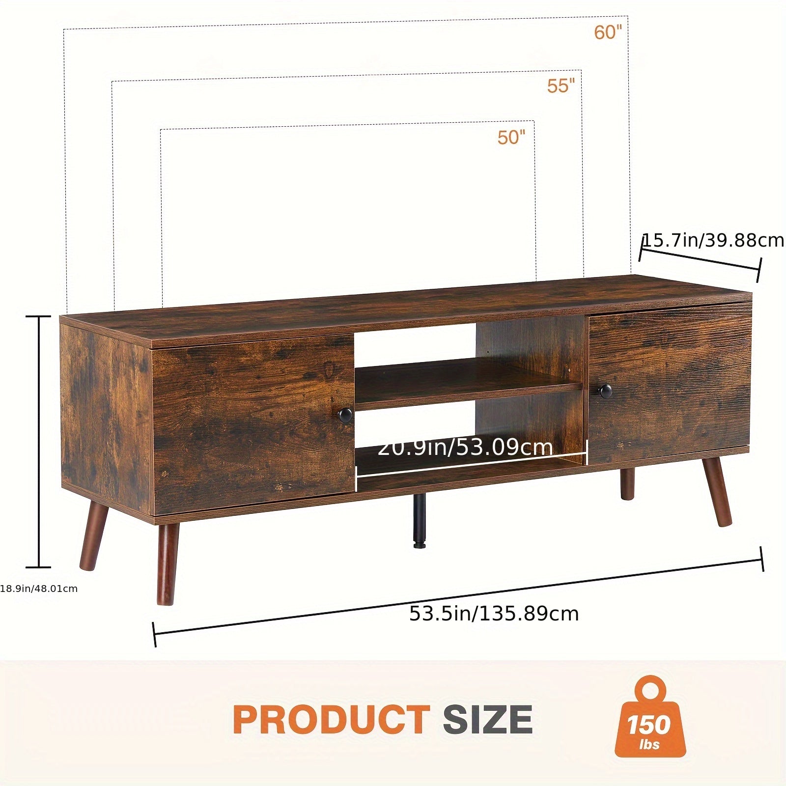 Mid-Century Modern TV Stand With Storage, Entertainment Center For 140-152cm TV, Media Console Table With Adjustable Shelf, Wooden TV Cabinet For Living Room, Bedroom Or Office, 2 Cabinet Television Stand