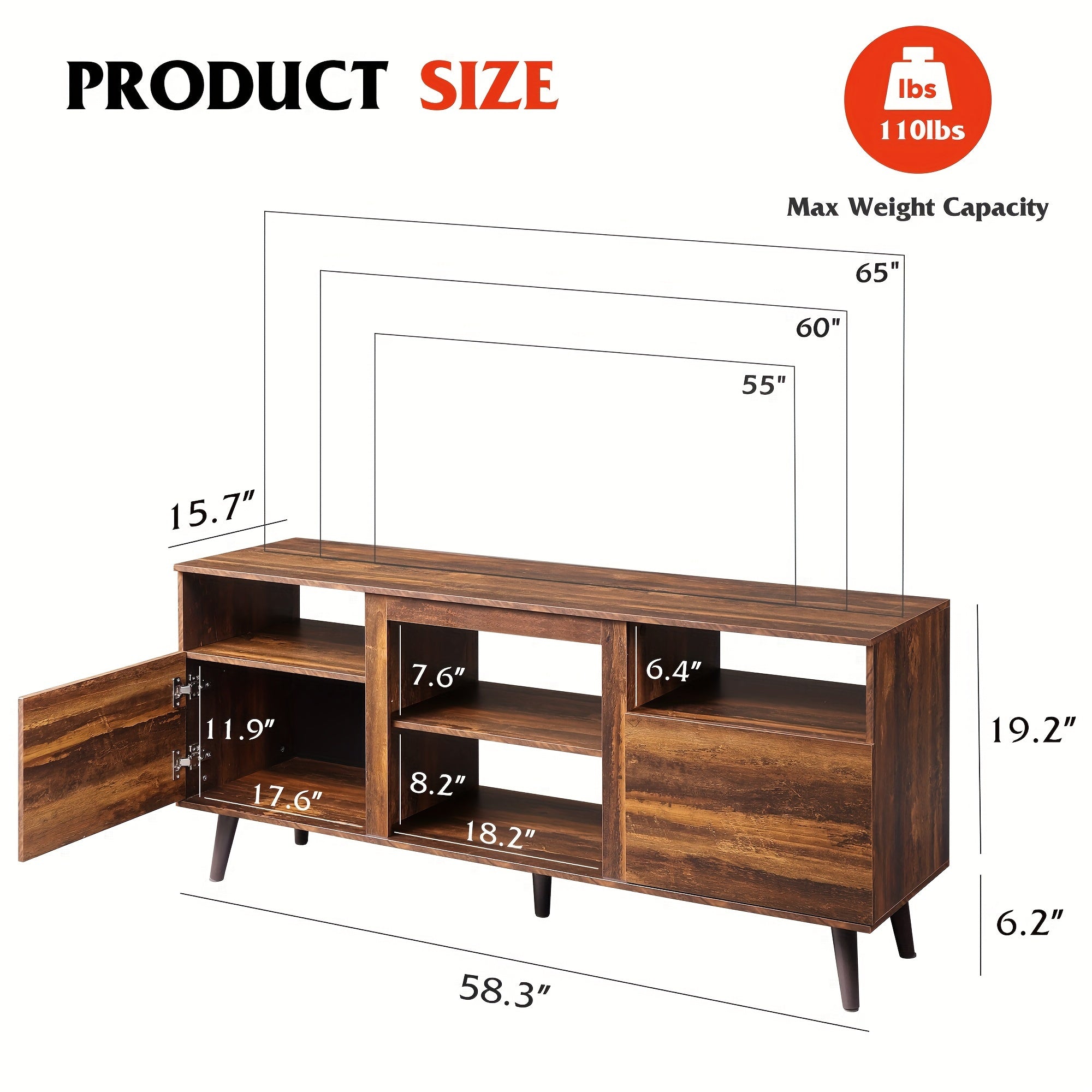 Mid-Century Modern TV Stand for 165cm TV - Hardwood Console with Open Shelves, MDF & Particle Board Construction, Freestanding Entertainment Center for Living Room and Bedroom