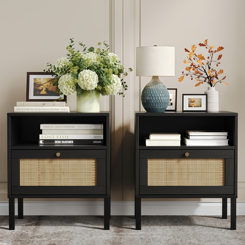 Rattan Single Door Nightstand (Set Of 2) Black, Nightstand With Open Shelves And Doors, Bohemian End Table, Storage Drawer Units