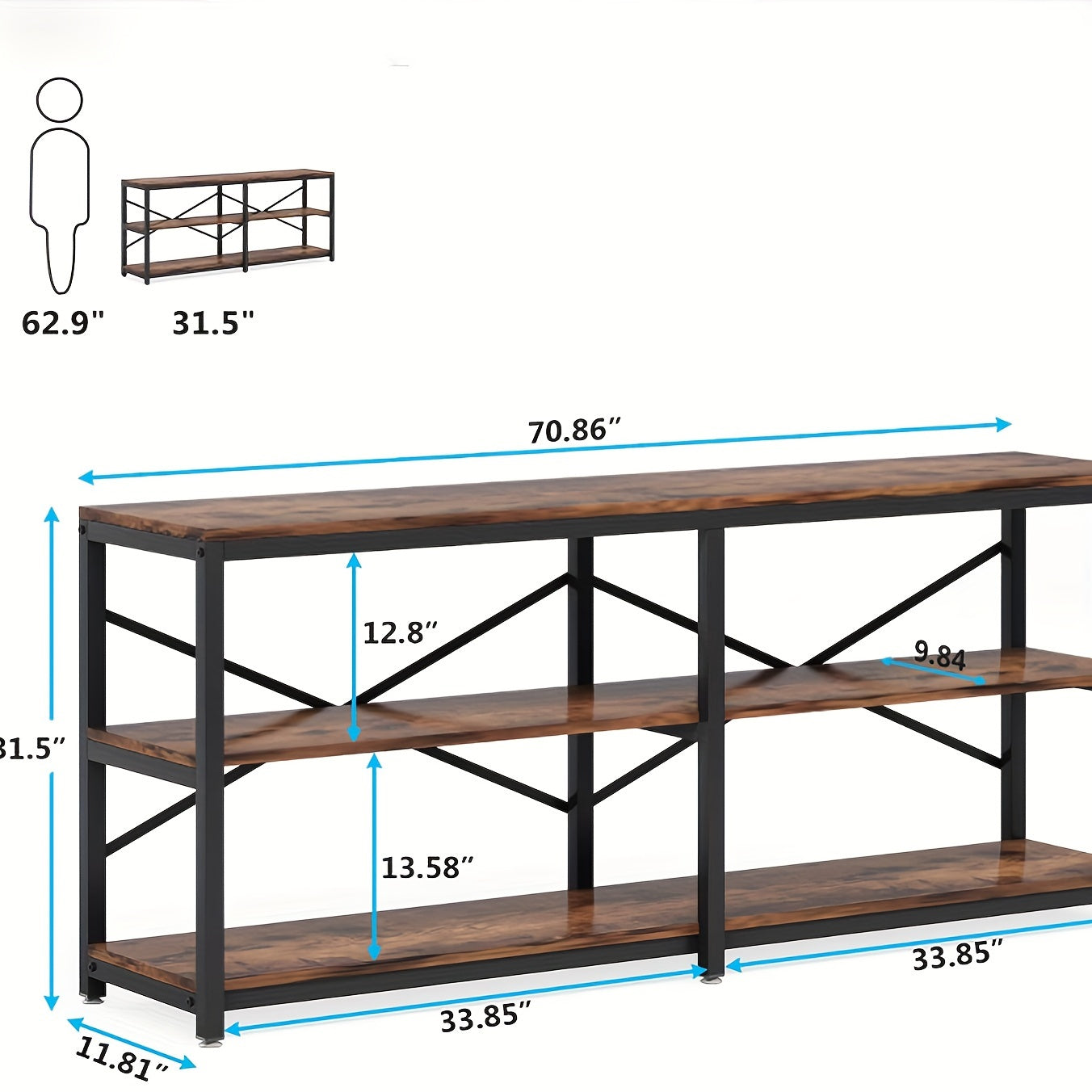 180 cm Modern Sofa Table Behind Couch Table with Storage Shelves, Extra Long Console Table, 3-Tier Industrial Hallway Entryway Table for Living Room, 3 Shelf Bookshelf, Brown