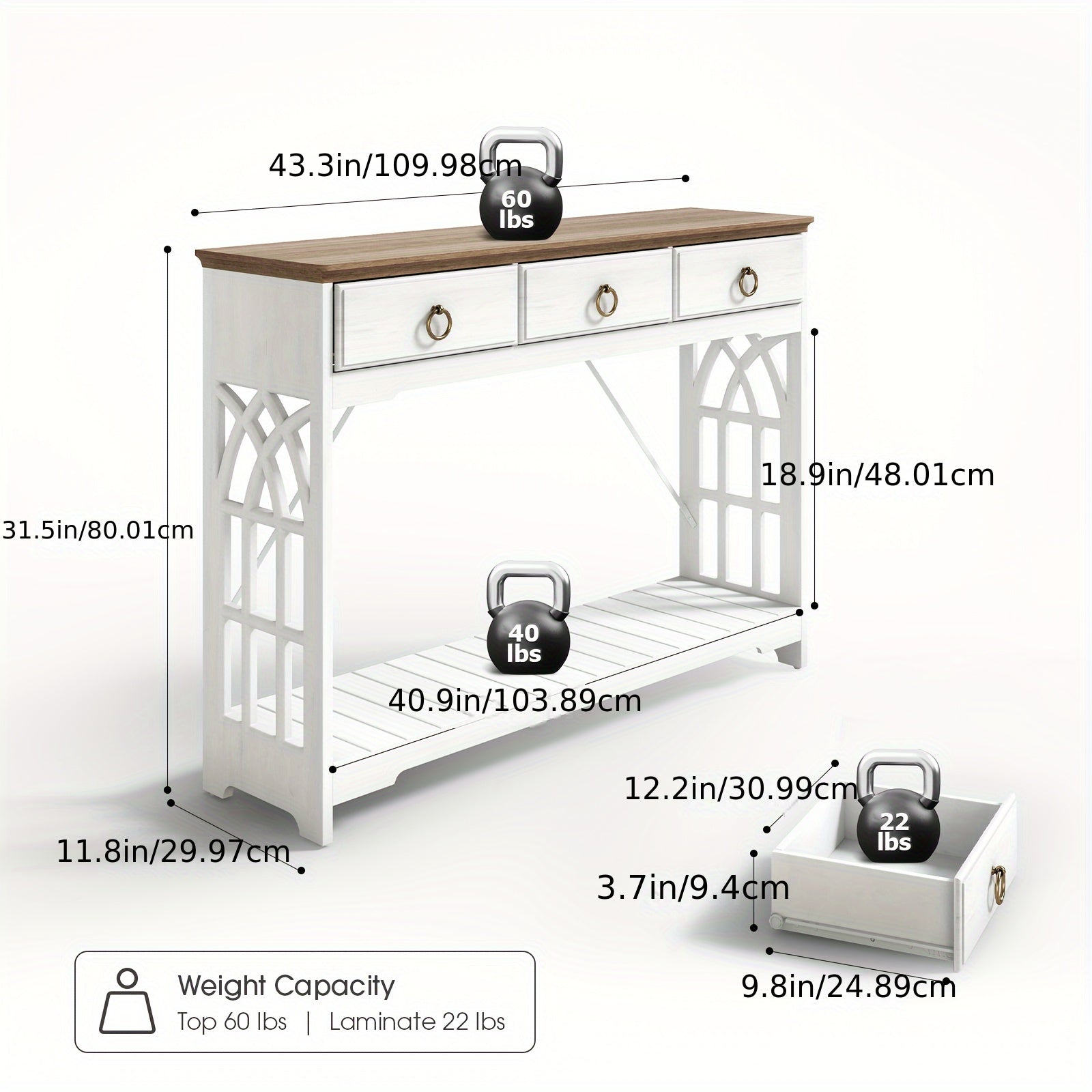 109 cm Console Tables for Entryway with Drawers, Farmhouse Entryway Table with Shelf, Narrow Long Entry Table with Solid Wood Legs, Rustic Vintage Sofa Foyer Tables for Entryway, White