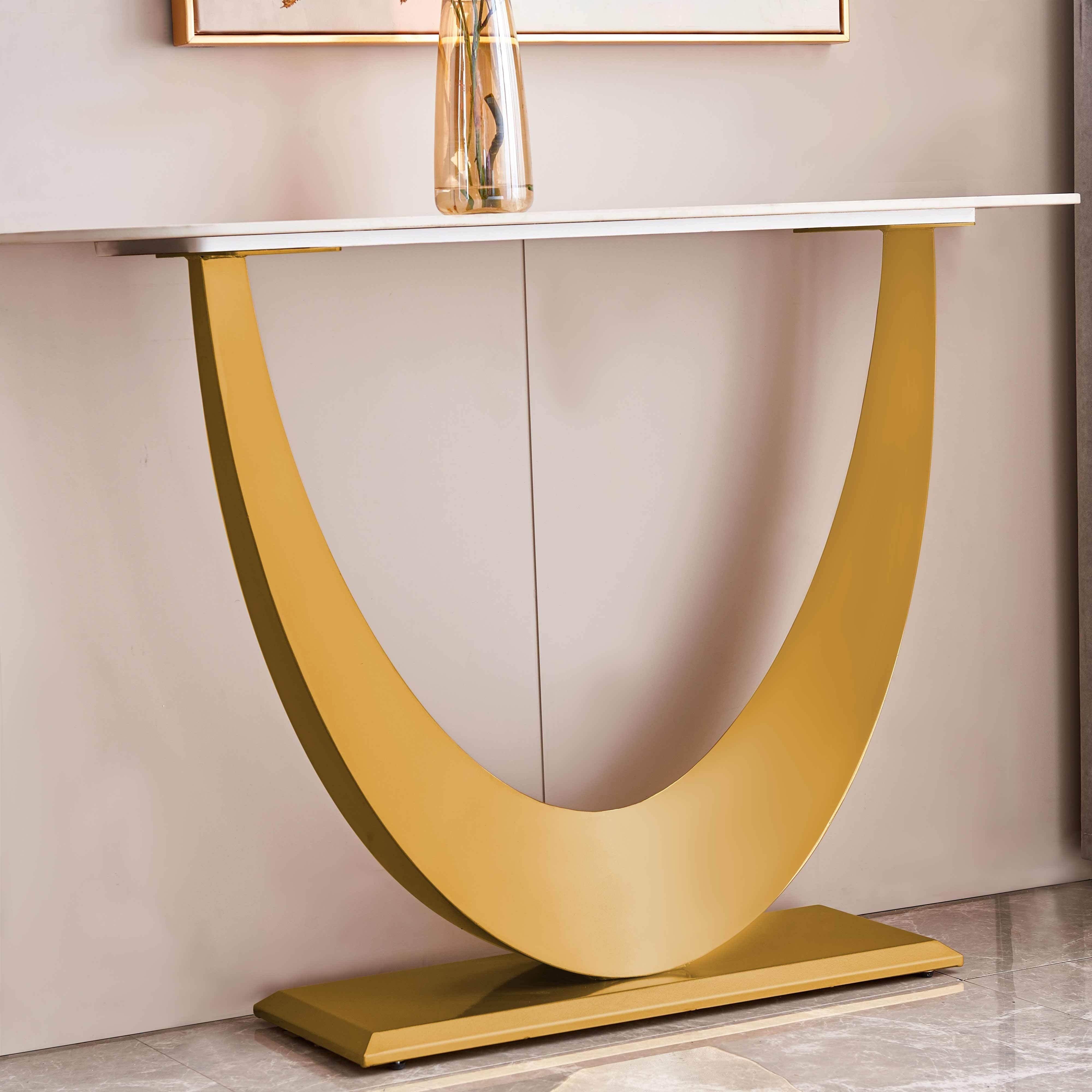 Modern Entryway Table, 120 cm Sintered Stone Narrow Entrance Sofa Table, Moon Shape Design Decorative Table with Metallic Golden Base, Luxury Entryway Table for Hallway Living Room Bedroom