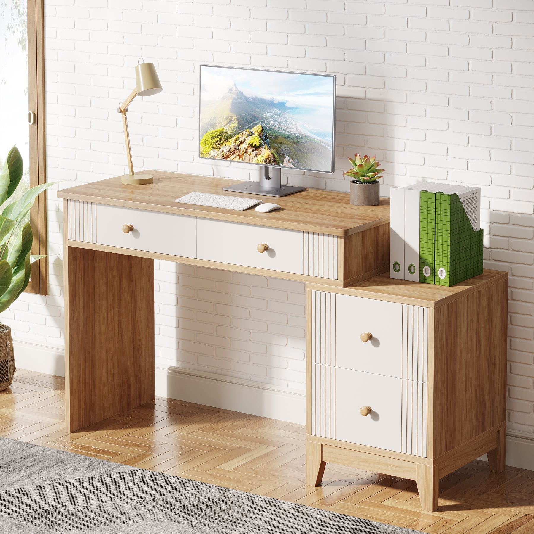 4-Drawer Computer Desk, Wooden Study Writing Table with Storage (in cm)