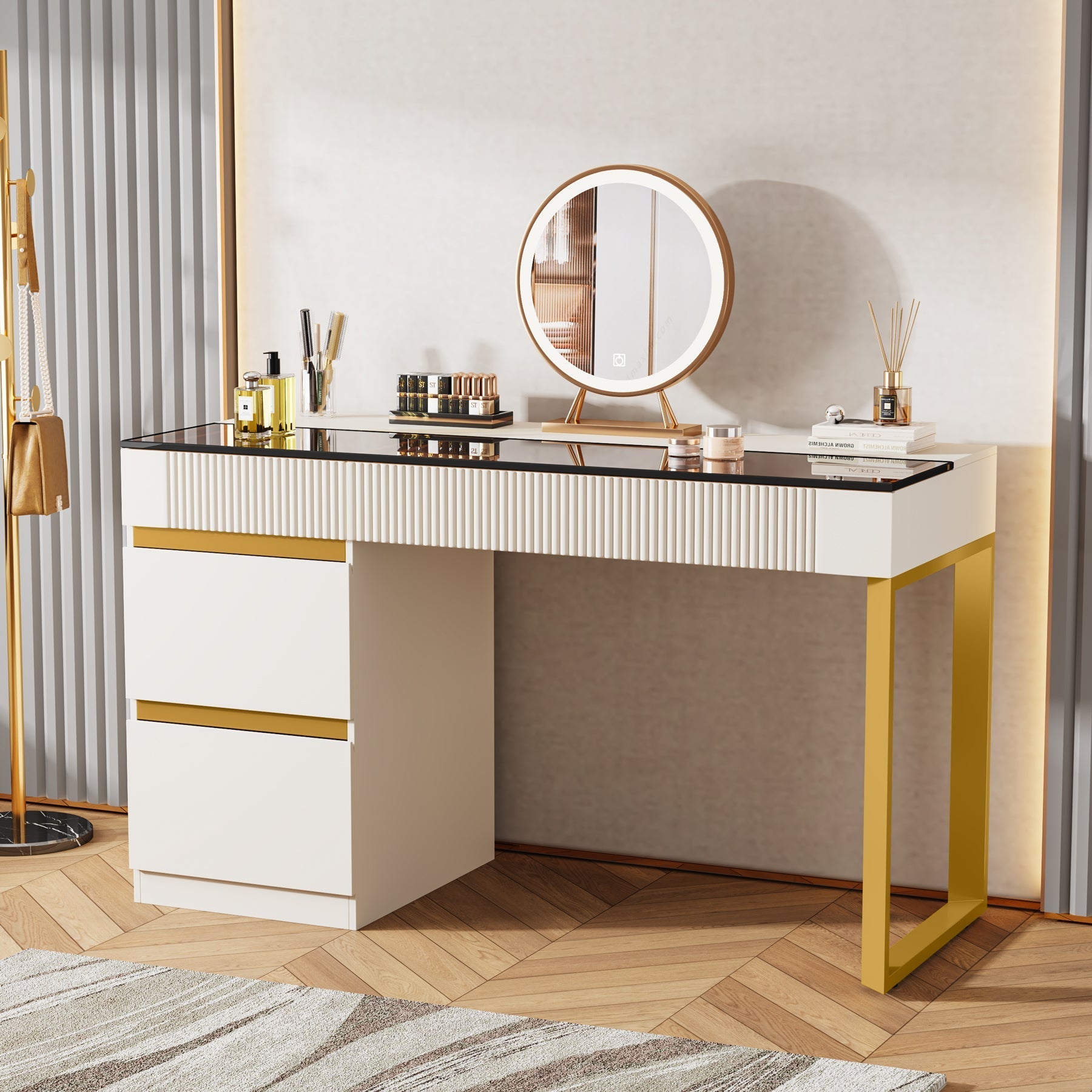 4-Drawer Makeup Vanity, Modern Dressing Table with Glass Desktop (Without Mirror) - 101.6 cm