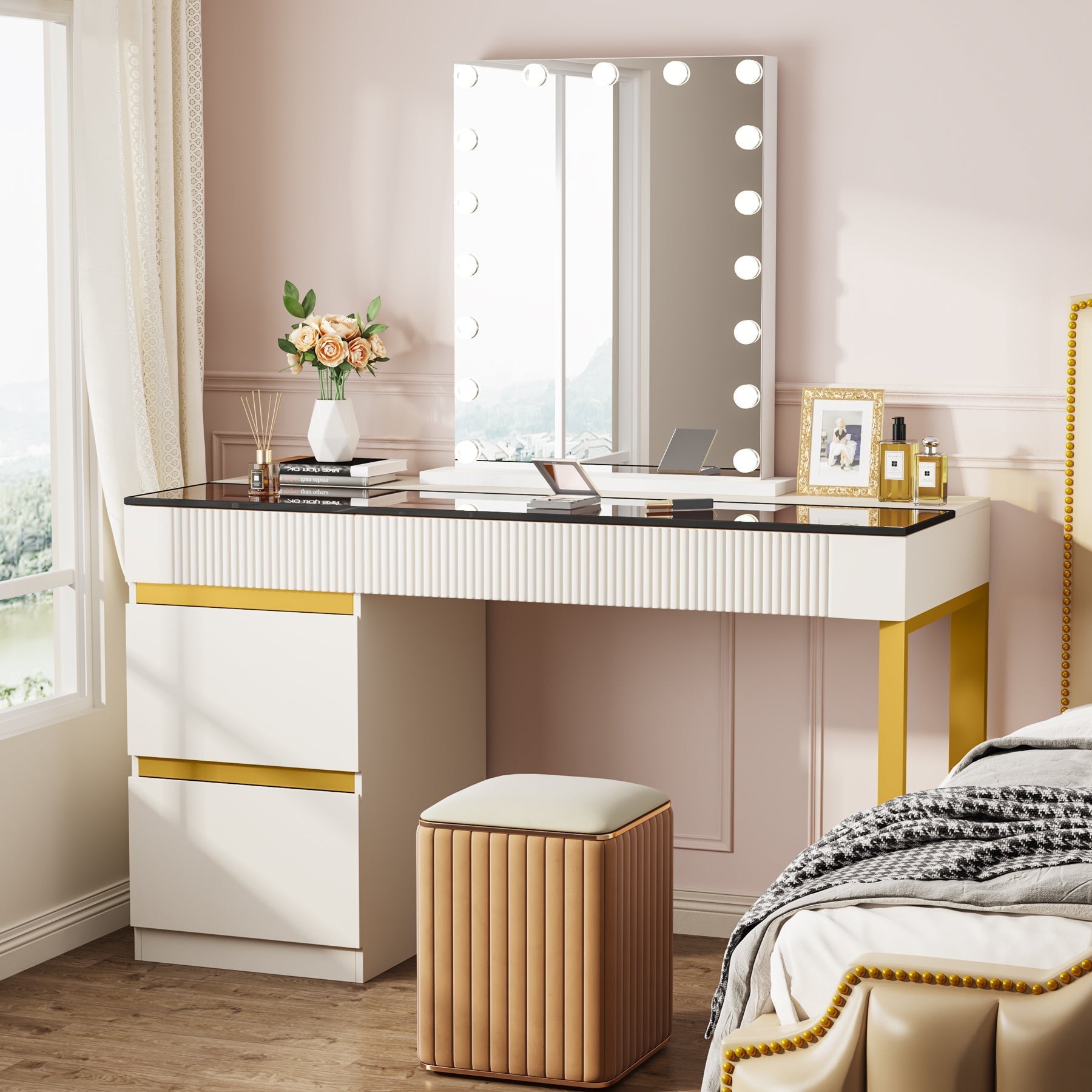 4-Drawer Makeup Vanity, Modern Dressing Table with Glass Desktop (Without Mirror) - 101.6 cm