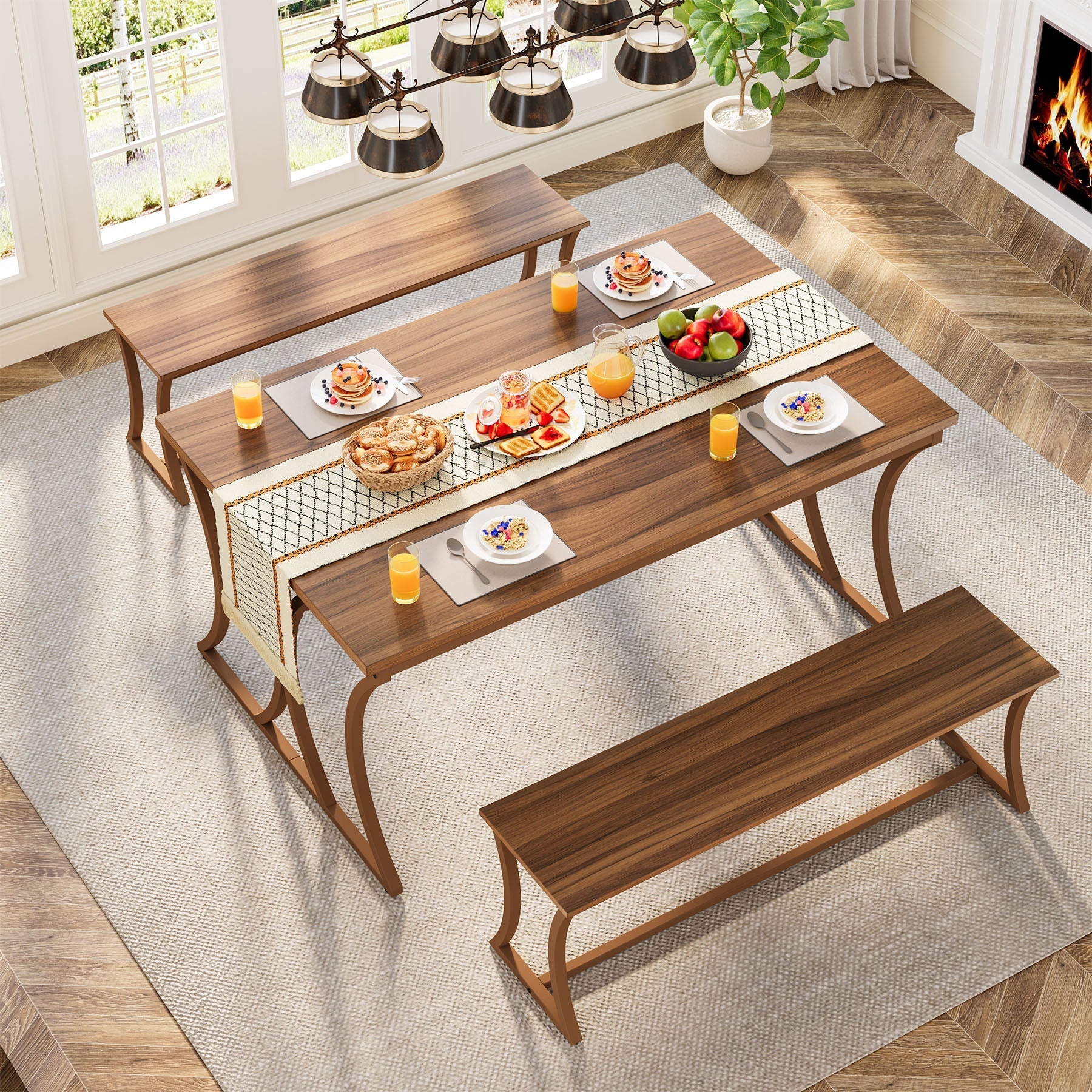 4-Piece 130-CM Dining Table Set with 2 Benches & Table Runner