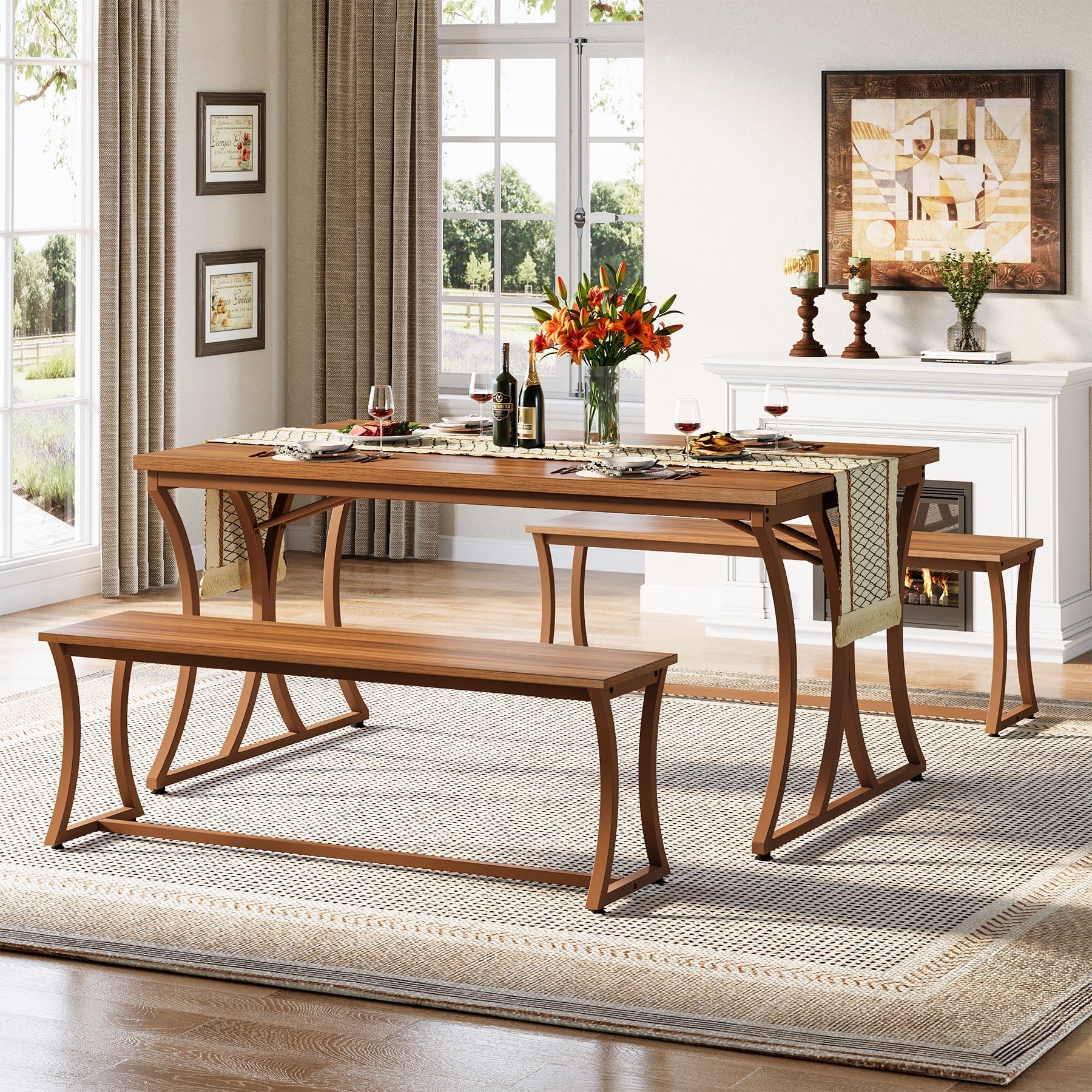 4-Piece 130-CM Dining Table Set with 2 Benches & Table Runner