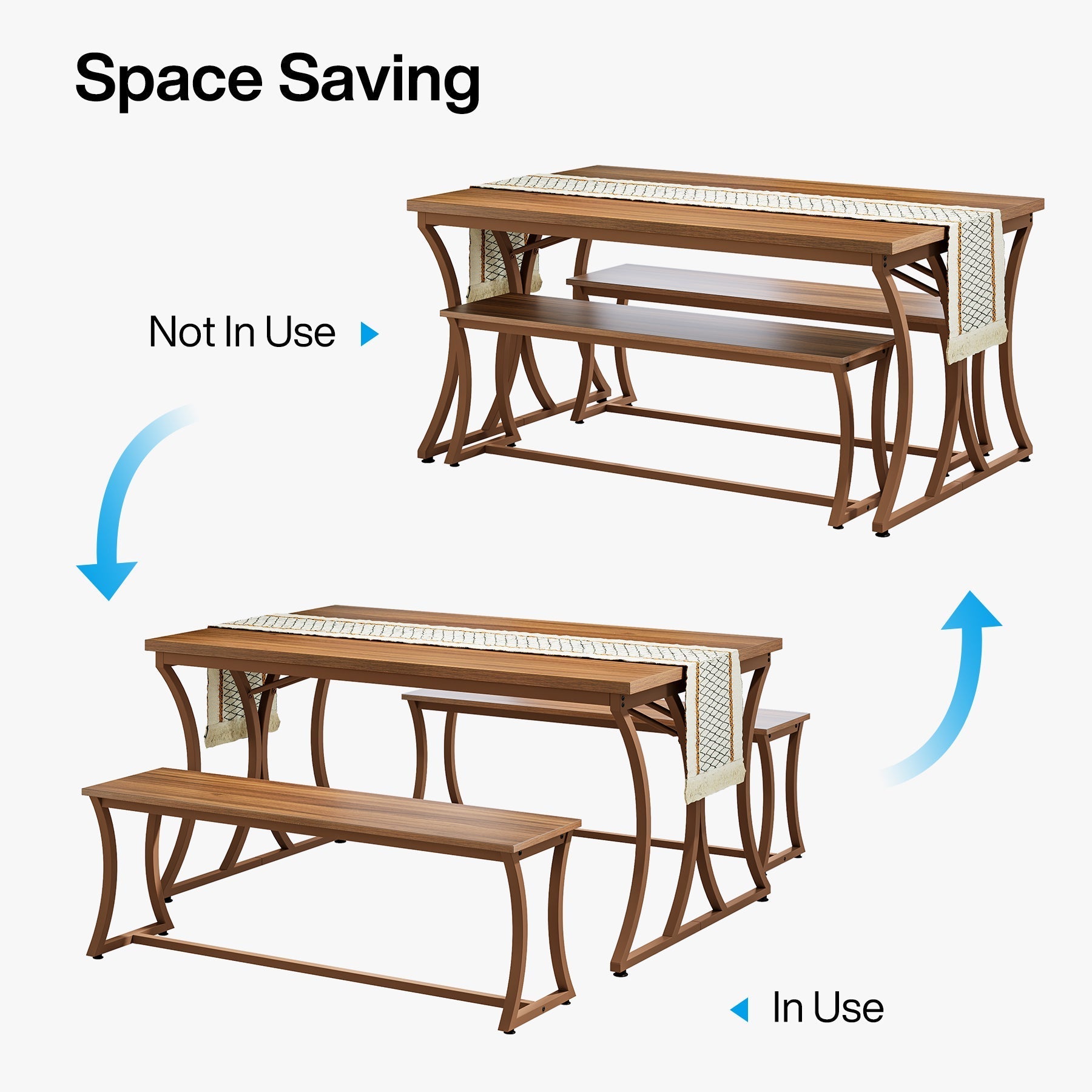 4-Piece 130-CM Dining Table Set with 2 Benches & Table Runner