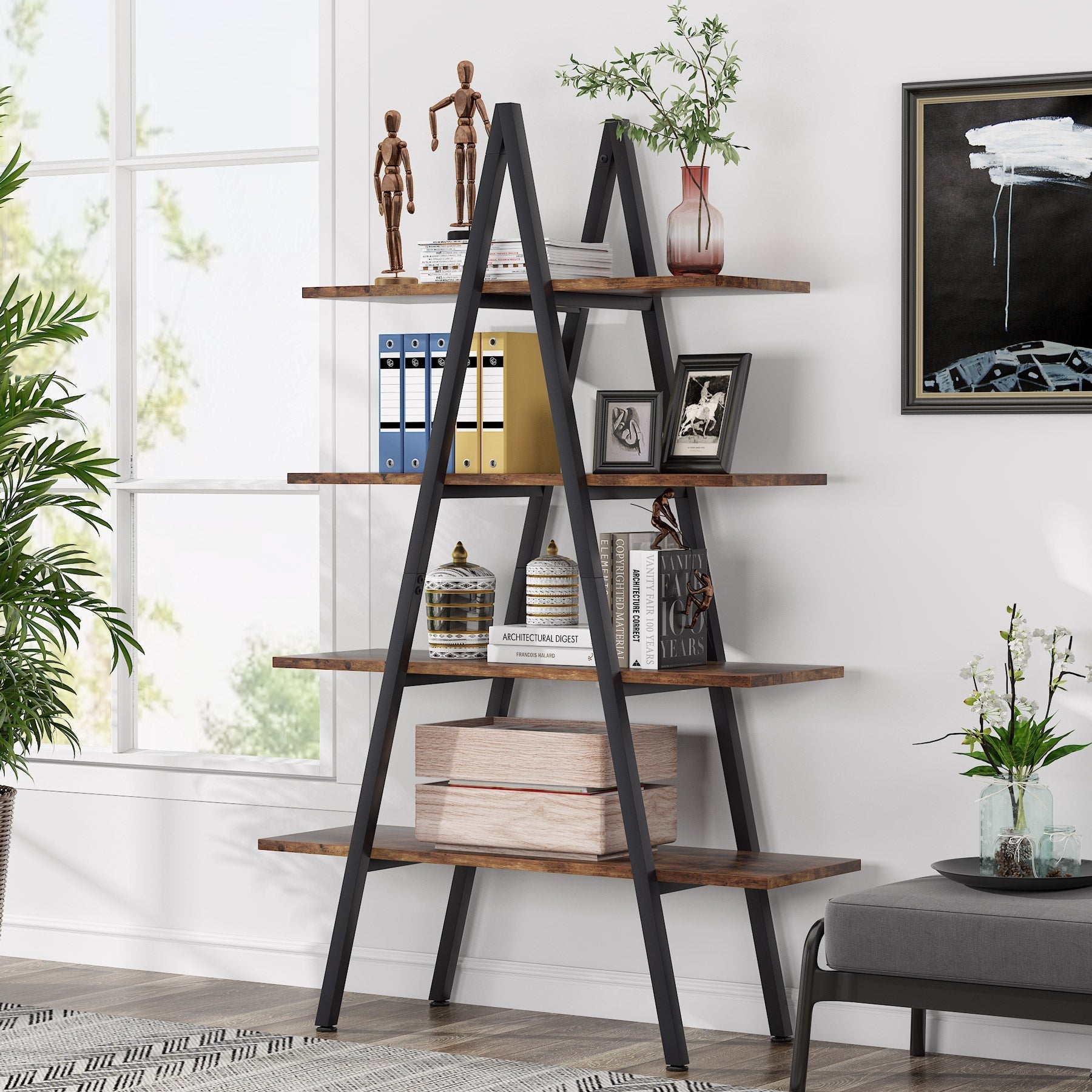 4-Tier Bookshelf, A-Shaped Bookcase Industrial Ladder Display Shelf (Approx. 102 cm)