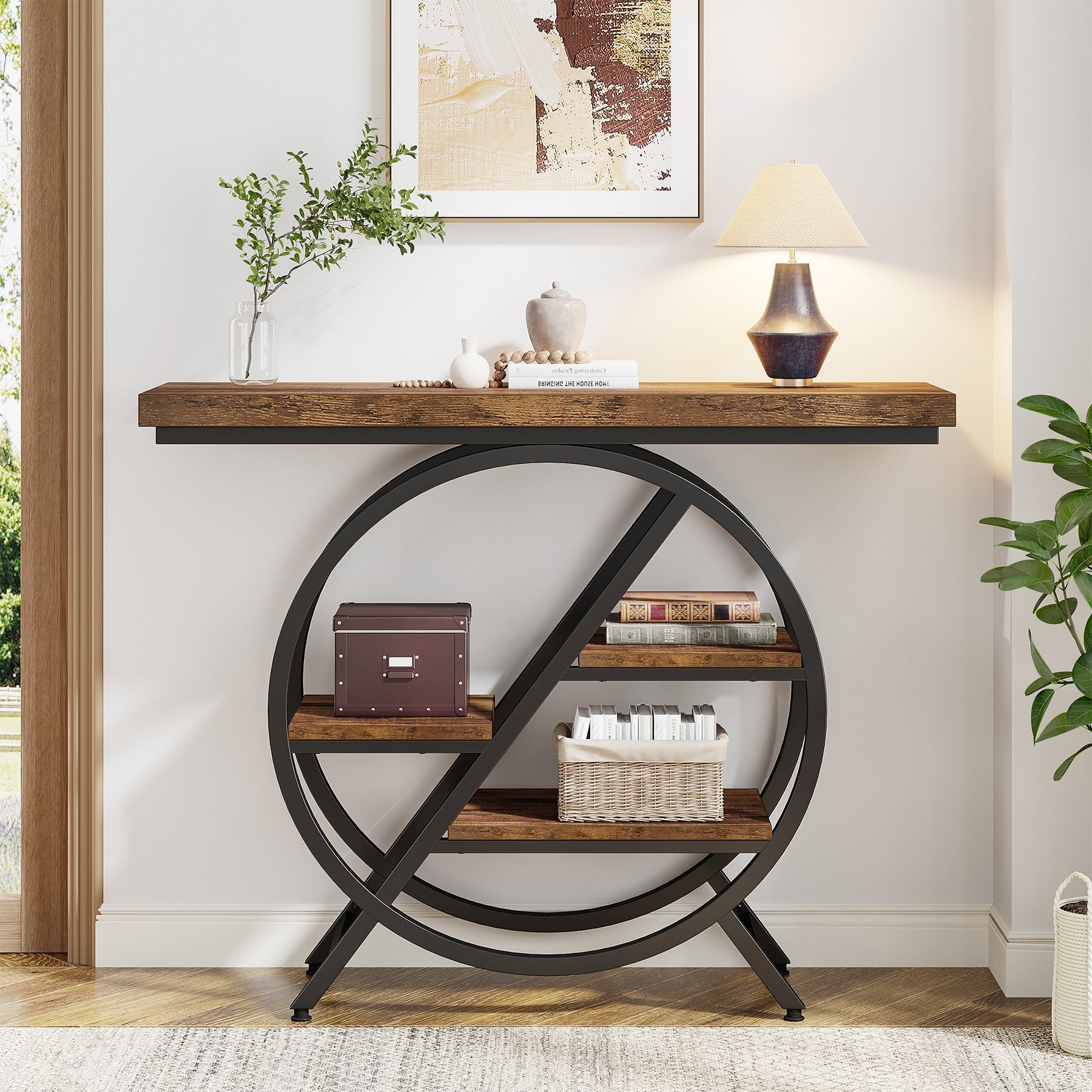 4-Tier Console Table, 100 cm Entryway Table with Geometric Metal Frame