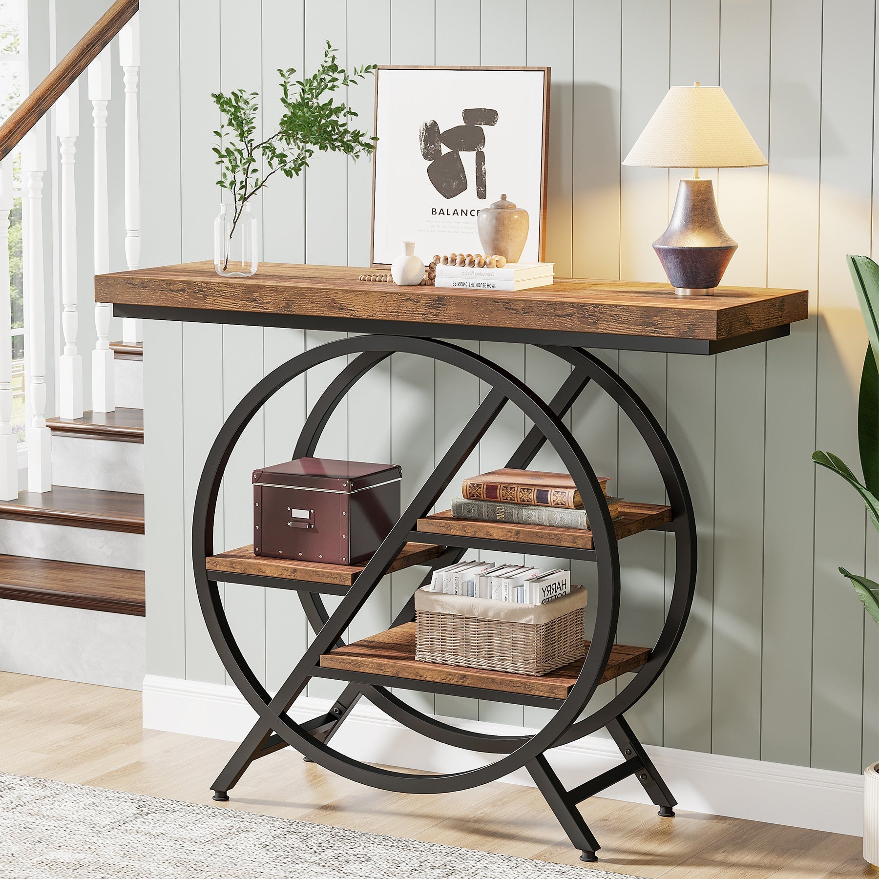 4-Tier Console Table, 100 cm Entryway Table with Geometric Metal Frame