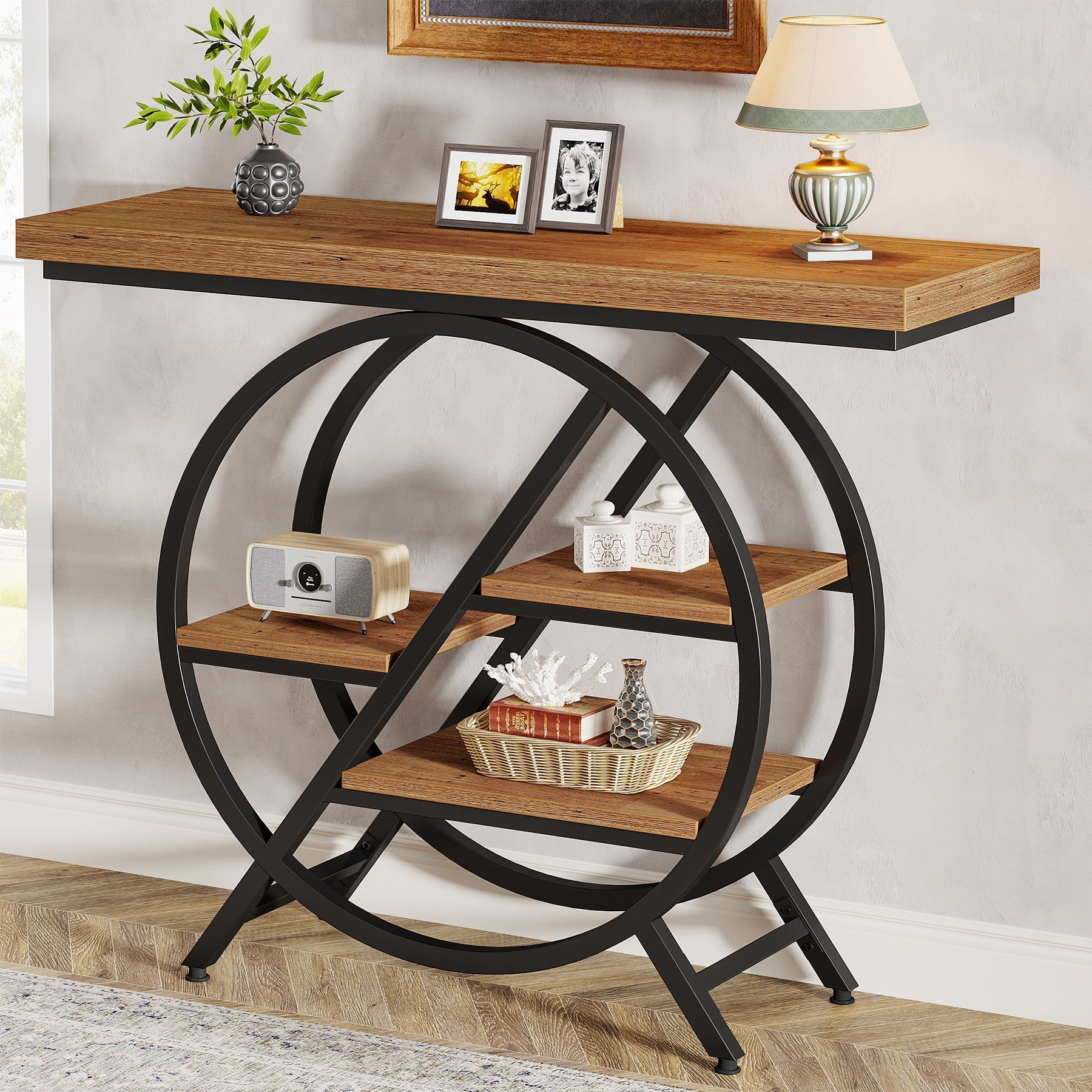 4-Tier Console Table, 100 cm Entryway Table with Geometric Metal Frame