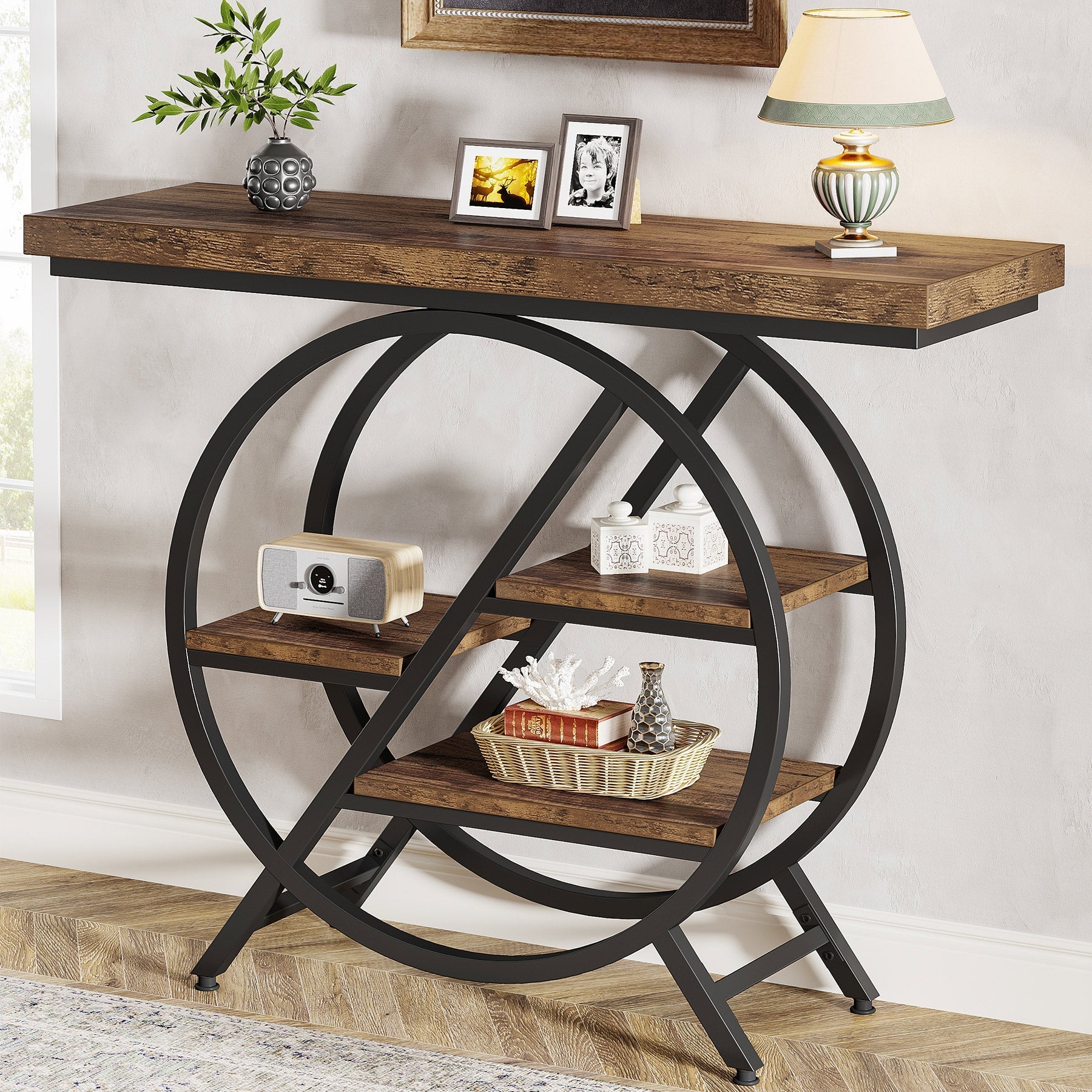 4-Tier Console Table, 100 cm Entryway Table with Geometric Metal Frame