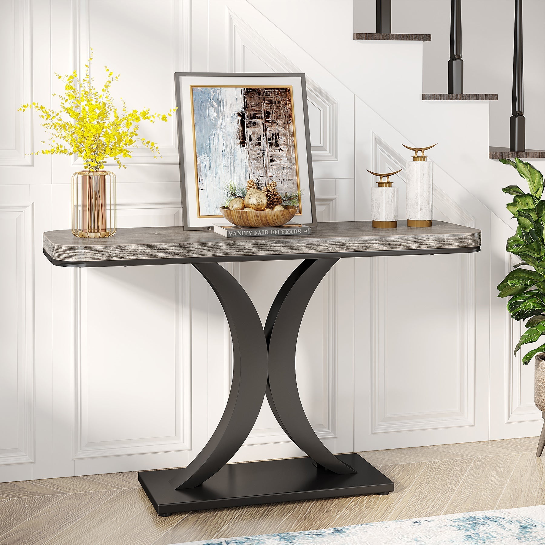 102 cm Console Table, Narrow Entryway Foyer Table with Geometric Base