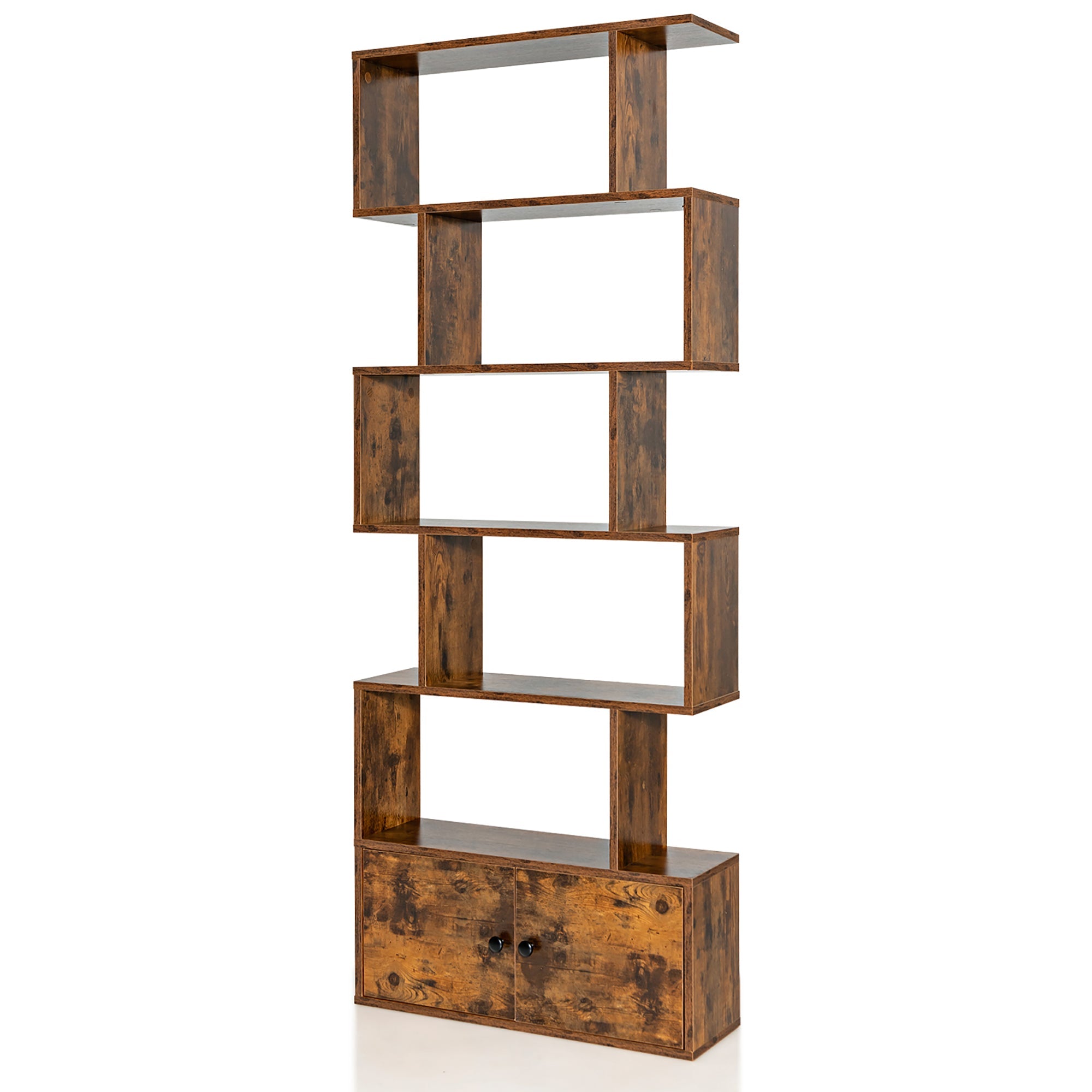 Bookshelf with Cabinet 6-Tier S-Shaped Bookcase Storage Rack Rustic Brown