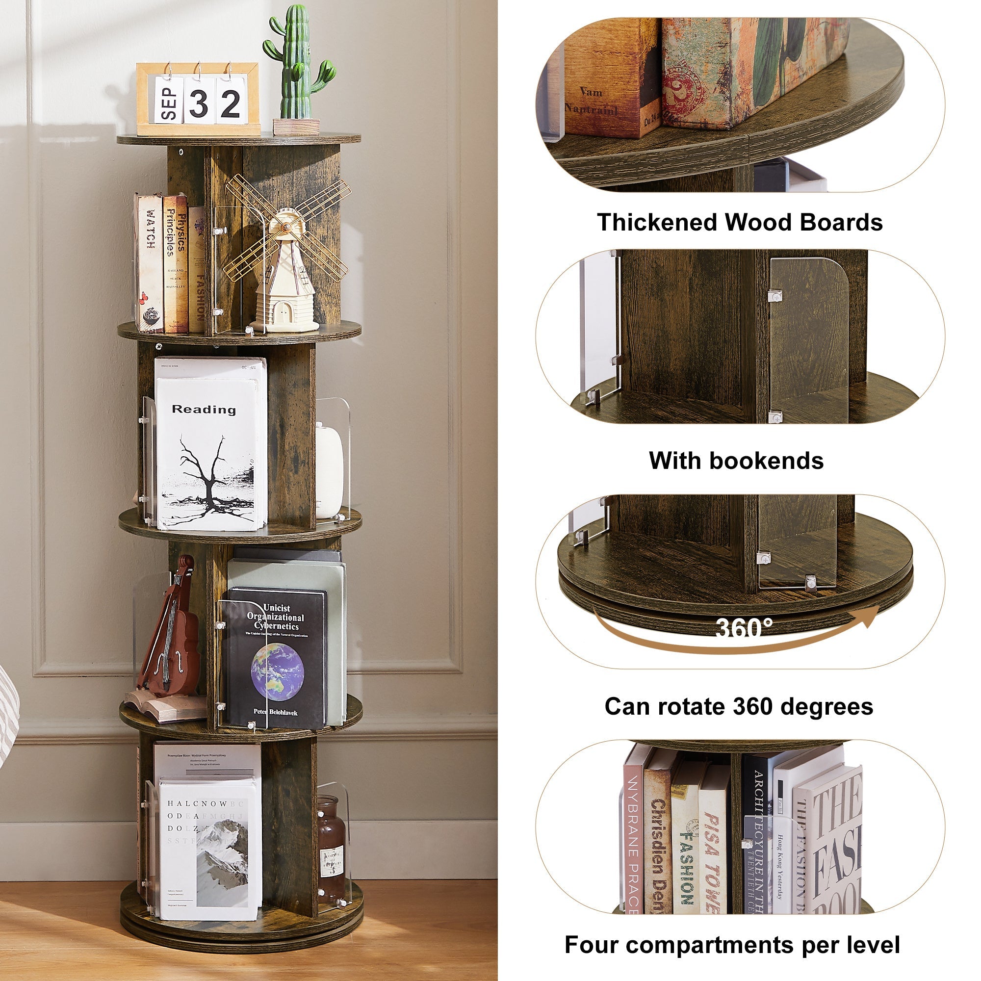 4-Tier Rotating Bookshelf 360 Floor Standing Round Bookshelf for Bedroom, Living Room