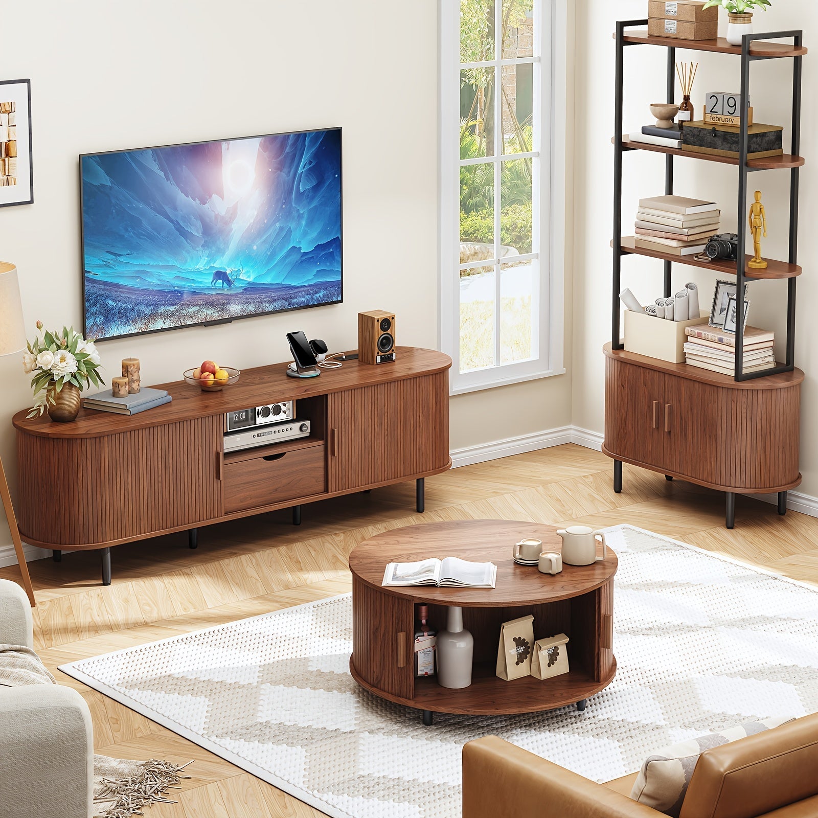 Festive 175cm Walnut TV Stand with Power Outlets - Fits TVs Up to 80", Modern Media Entertainment Center with Storage, Drawers, Adjustable Shelves & Sliding Doors - Ideal for Holiday Living Room Decor, TV Console Table