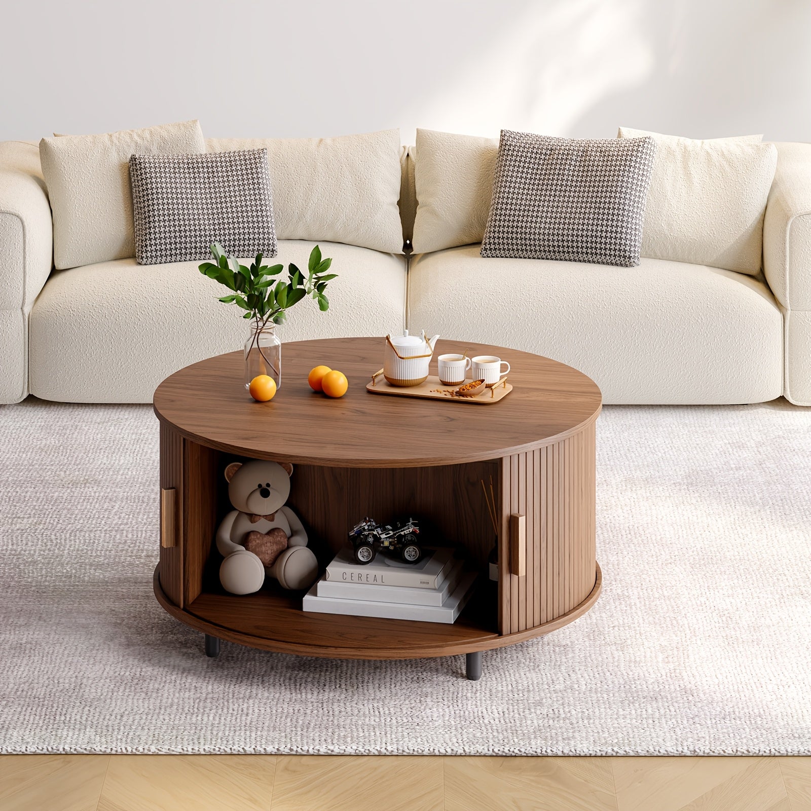 1pc 80cm Modern Round Coffee Table, Grooved Hardwood with Sliding Door, Space-Saving Engineered Wood Pedestal, Adjustable Feet, Stable & Easy to Clean, Walnut Finish, Living Room Furniture