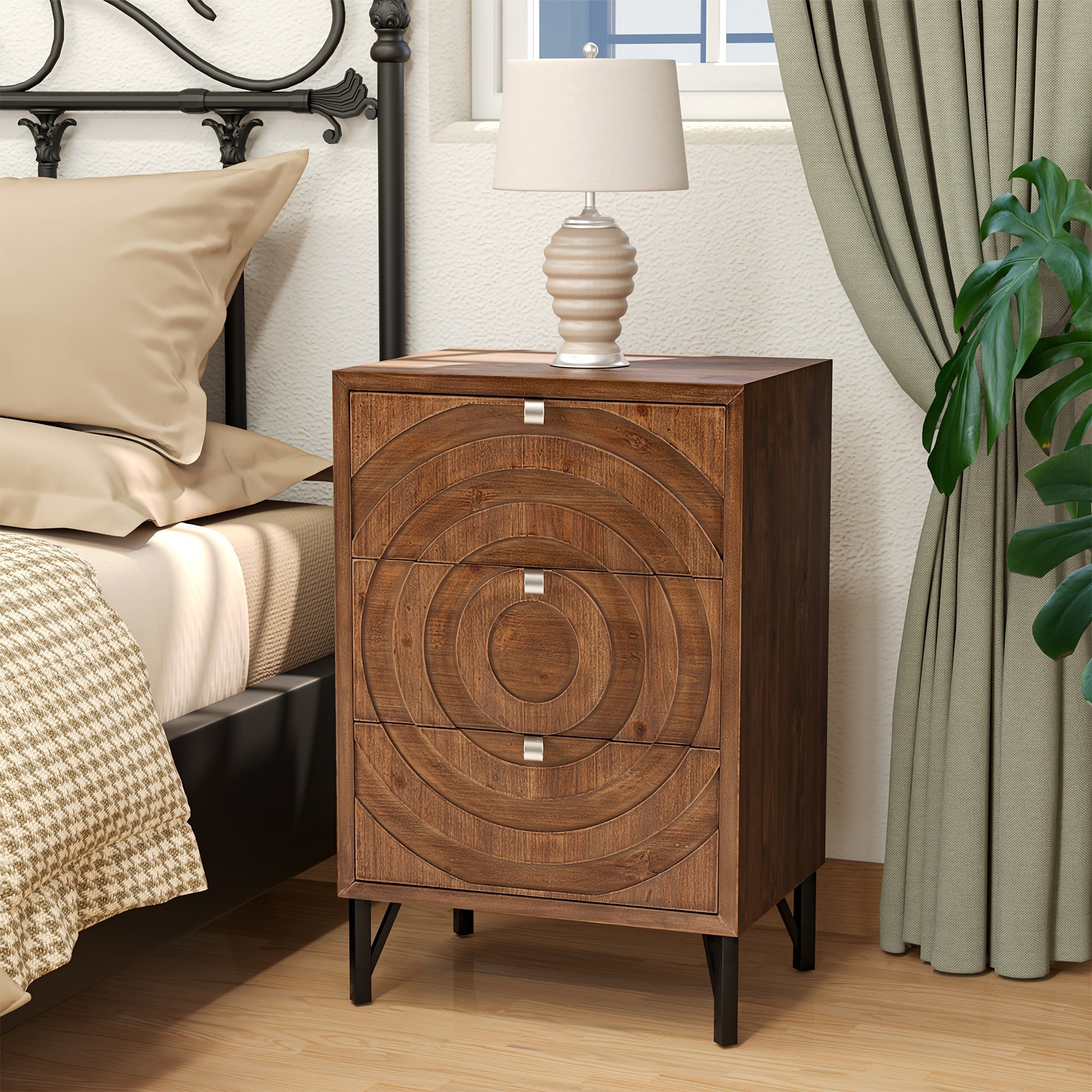 Wood End Side Accent Table Modern Concentric Circle Pattern Nightstand With Storage For Living Room Or Bedroom, Christmas Holiday Decoration Table