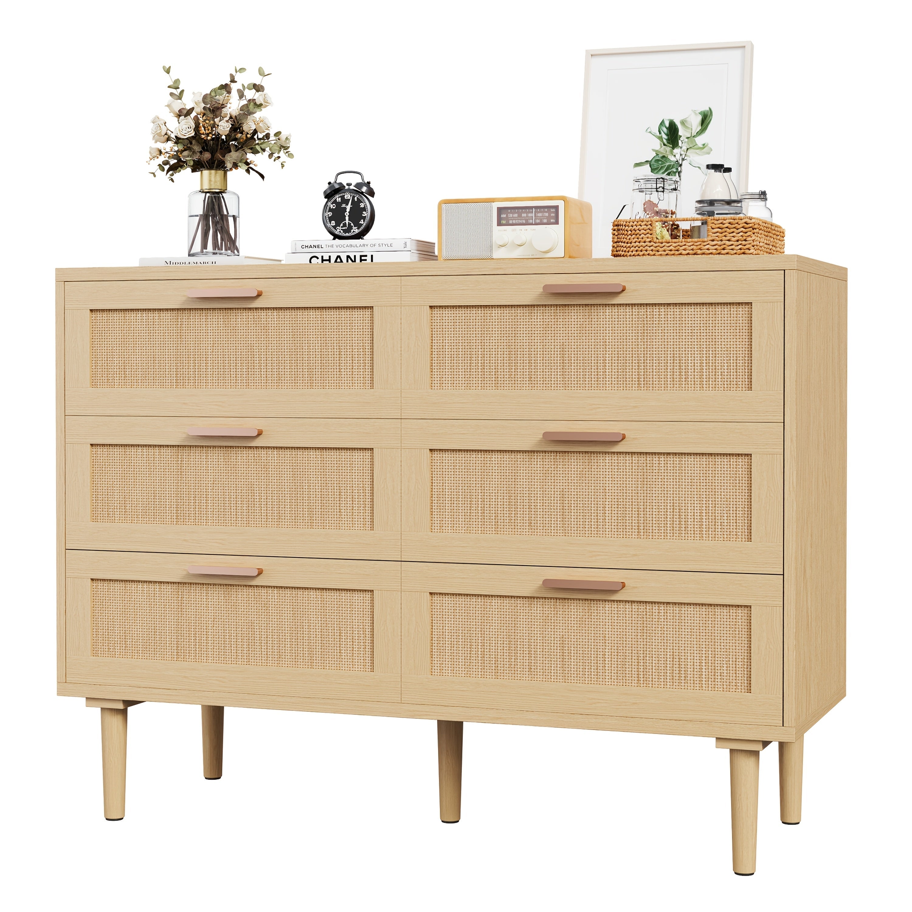 6 Drawer Dresser, Modern Wooden 6 Drawer Dresser, Rattan Dresser with Golden Handles for Bedroom, Rattan Storage Chest Of Drawers for Bedroom, Living Room