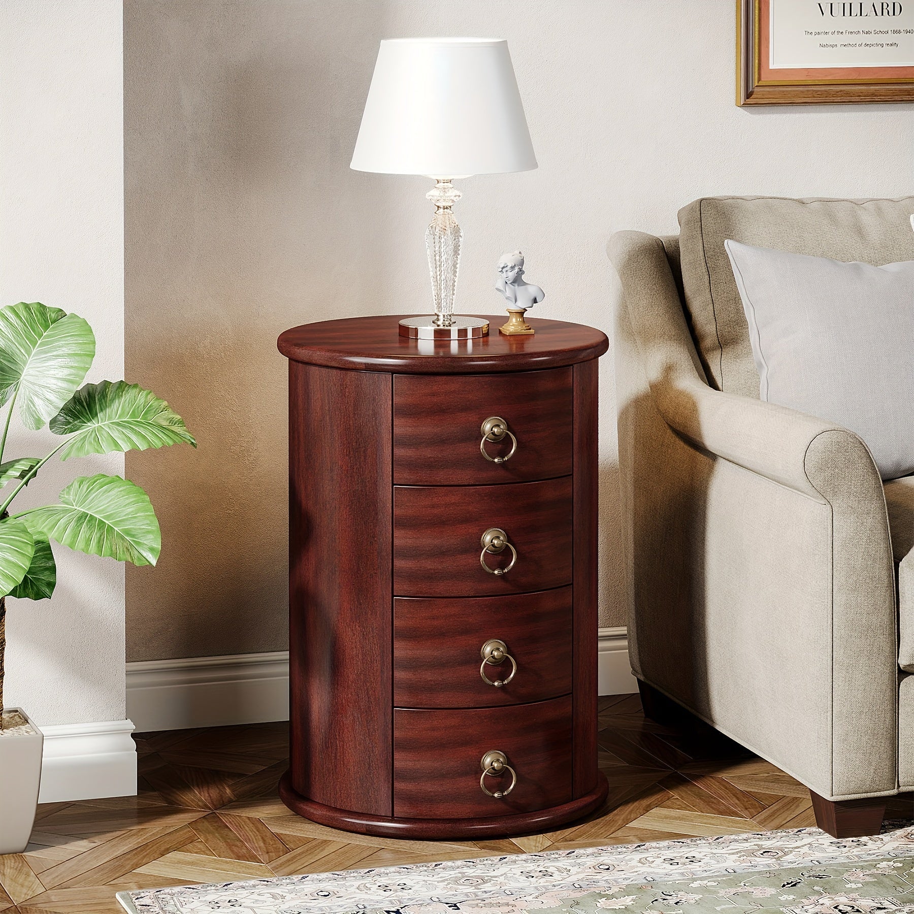 Charming Vintage-Style Solid Wood Round End Table with 4 Drawers - Mid-Century Modern Design, Warm Cherry Brown Finish, Perfect for Small Spaces in Living Room or Bedroom, No Assembly Required