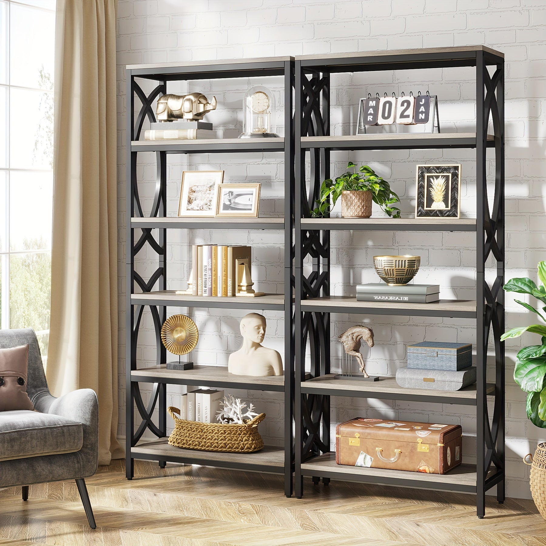 Introducing The 6-Tier Bookshelf, 175cm Tall Bookcase Combining Modern Wooden Design With Durable Metal Frame. This Freestanding Open Storage Shelves Or Shelving Unit Is Ideal For Office Or Living Room Use