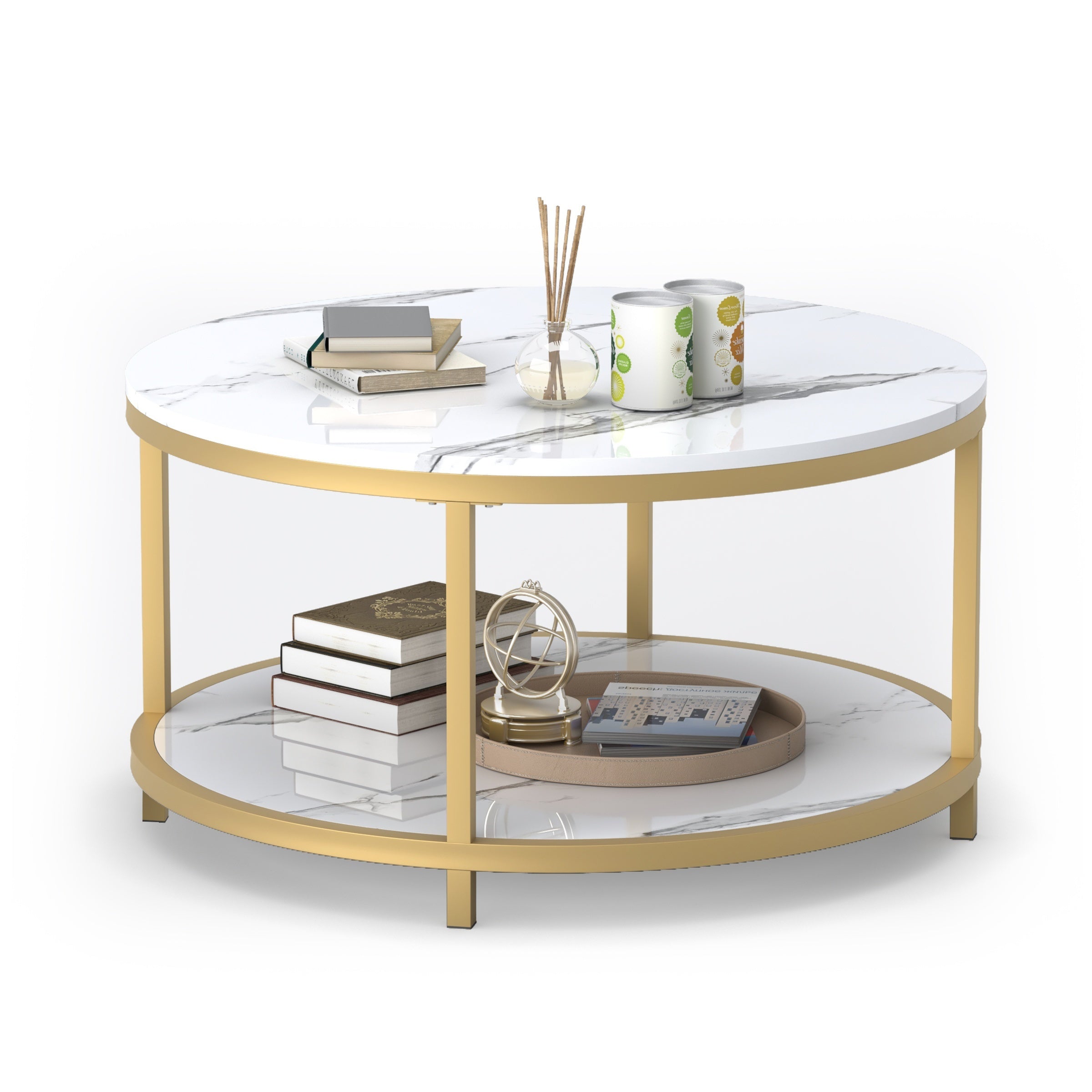 Round Coffee Table 86cm Coffee Tables for Living Room High Glossy Faux Balck Marble Top Modern Circle Table Sturdy Golden Metal Frame Legs Cocktail Table with Storage Open Shelf