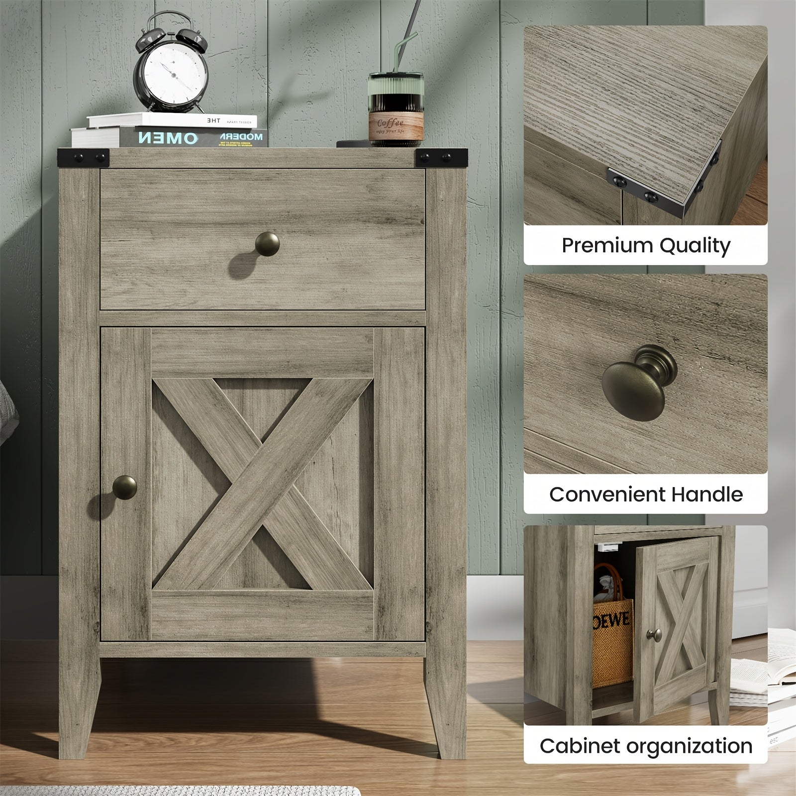 Charming Grey Farmhouse Nightstand with Power Outlets & USB Ports - Sleek Bedside Table with Drawer & Cabinet, Metal Handles, for Cozy Bedroom or Living Room Decor