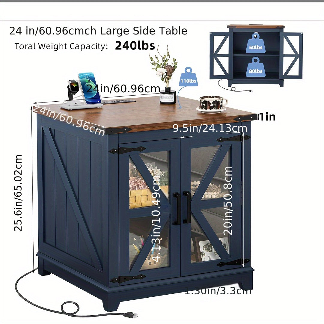 Farmhouse End Table, 60cm Large Sofa Side Tables With Charging Station Glass Barn Door, Wood Nightstand With Adjustable Storage Shelf, Square Bedside Table For Living Room, Bedroom, Office-Blue