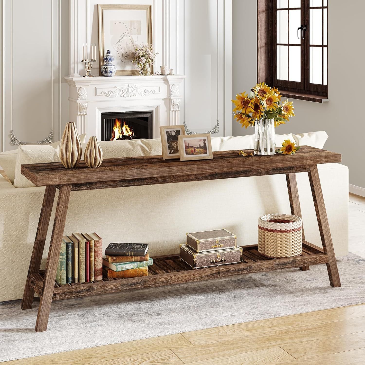 Rustic Farmhouse Console Table - 180 cm All-Wood Entryway Table, Dual Tier Narrow Design for Couch & Sofa Backdrop, Perfect for Hallway, Living Room - Brown