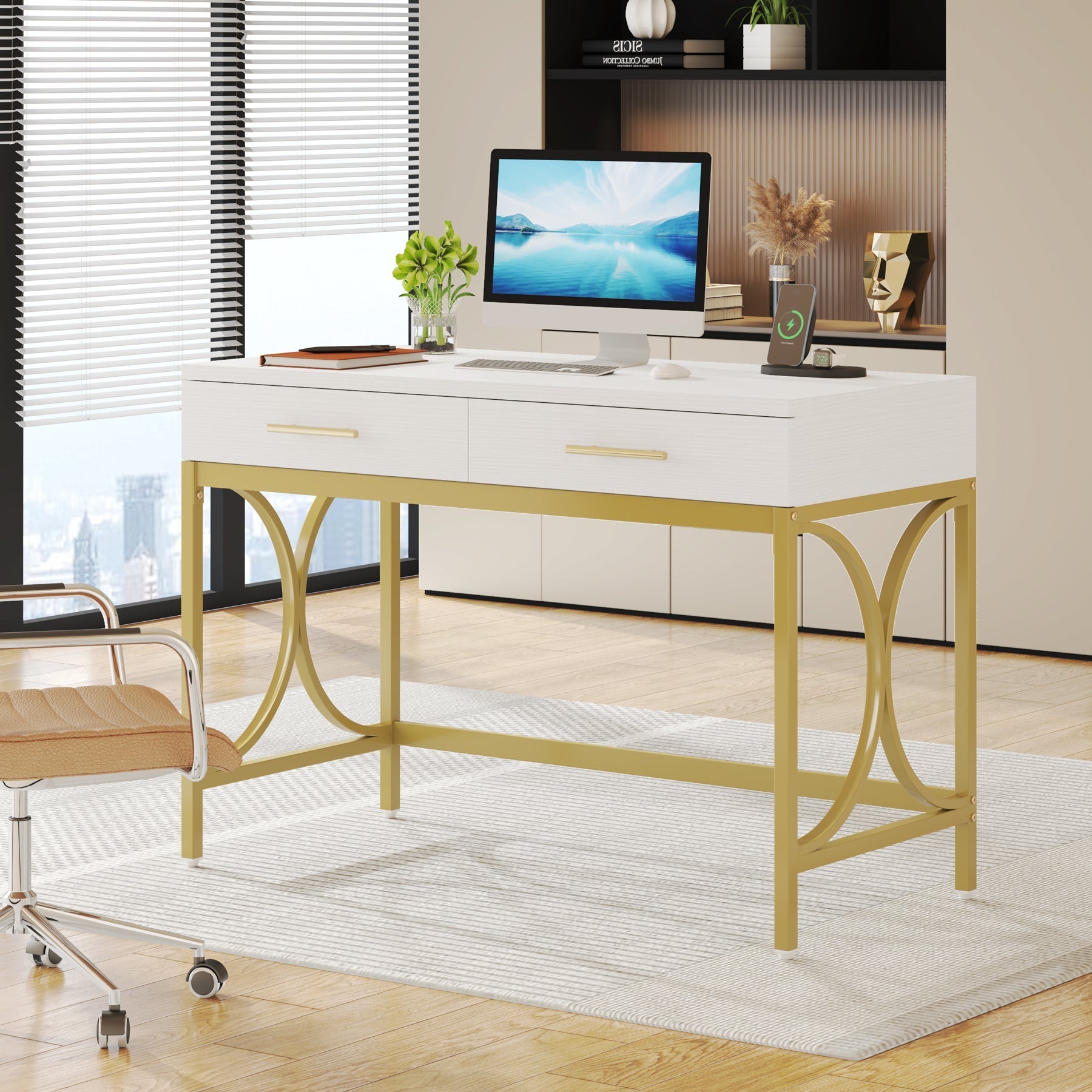 104 cm Computer Desk, Modern Home Office Writing Desk with 2 Drawers