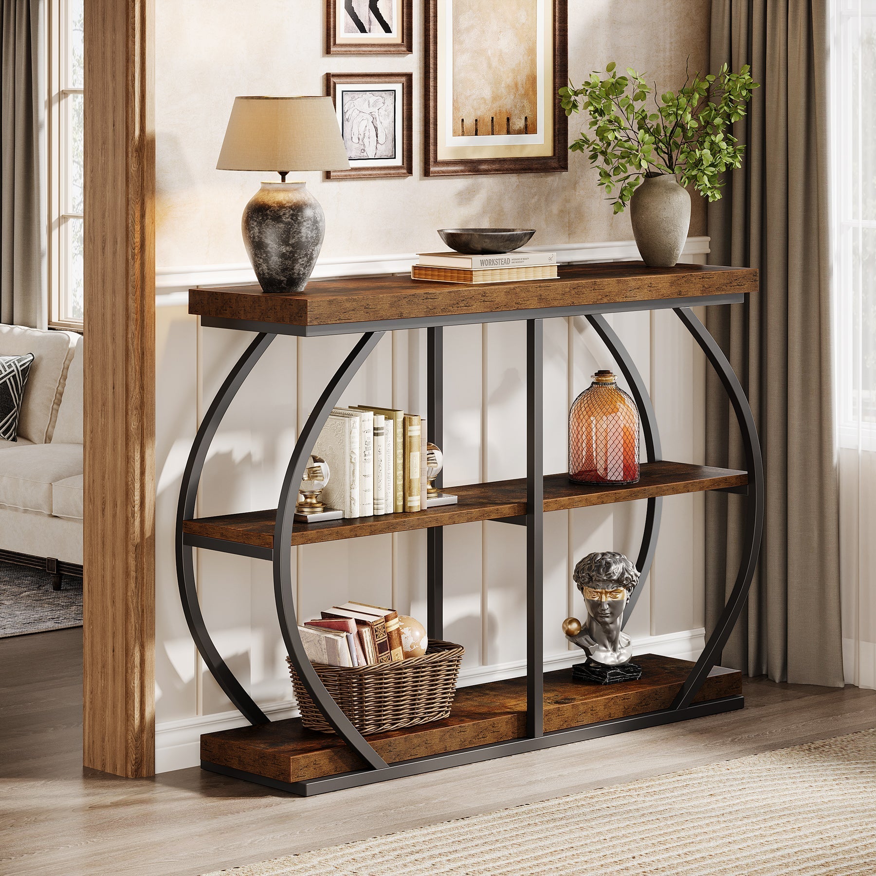 104.14 cm Console Table, 3-Tier Sofa Entryway Table with Storage Shelves