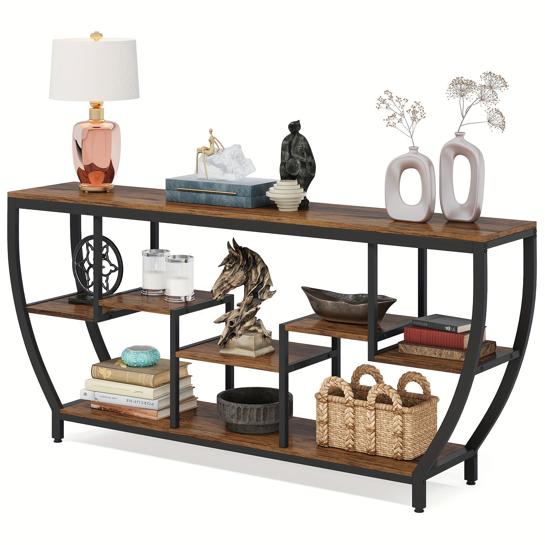 Modern Industrial 180cm TV Console Table with Three Layer Open Storage Shelves for Living Room Dining Room Furniture