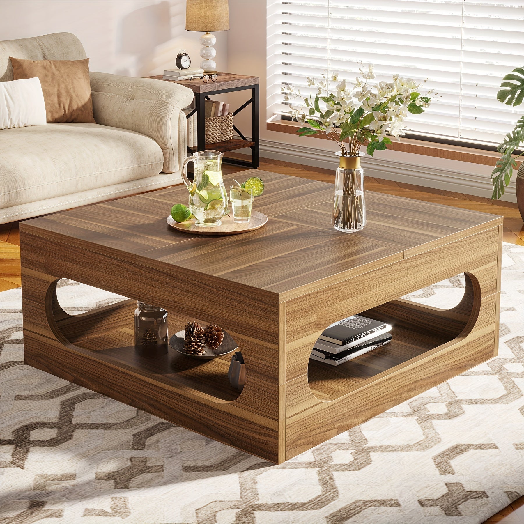 Square Wood Coffee Table For Living Room - Farmhouse Coffee Table With Storage - Modern Rustic Wooden Coffee Table Vintage Coffee Table