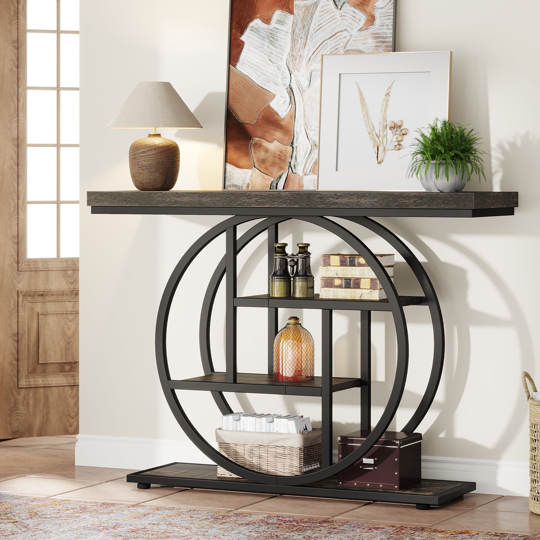 104.9 cm Console Table, Industrial 4-Tier Sofa Entryway Table with Circle Base