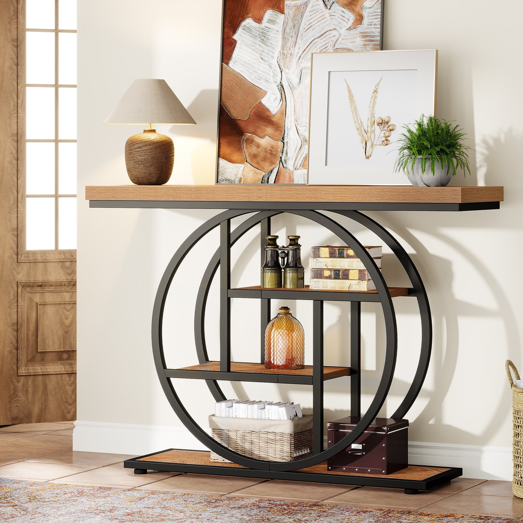 104.9 cm Console Table, Industrial 4-Tier Sofa Entryway Table with Circle Base