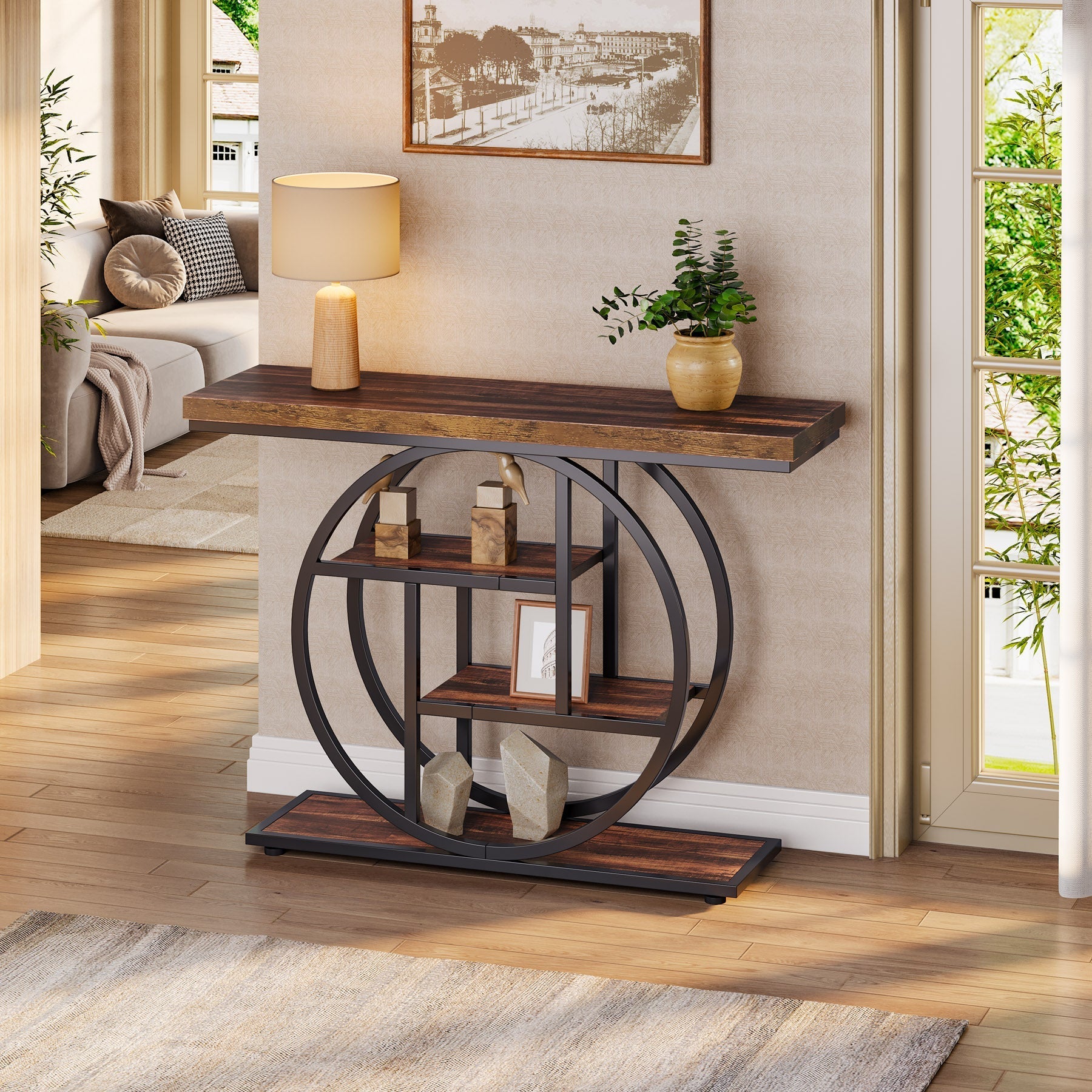 104.9 cm Console Table, Industrial 4-Tier Sofa Entryway Table with Circle Base