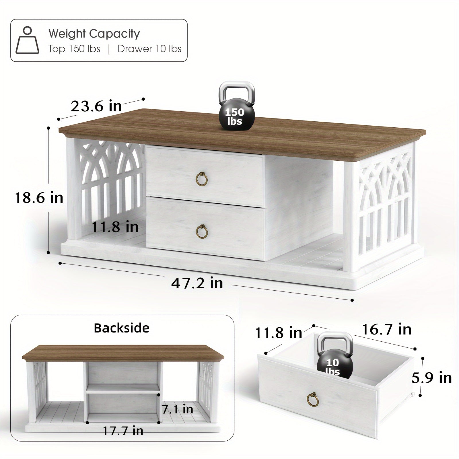 Farmhouse Coffee Table With Storage, Modern Coffee Table With Drawers, Rustic Rectangular Center Table With Solid Wood Legs, Coffee Tables For Living Room With Open Shelves, Office, Antique White