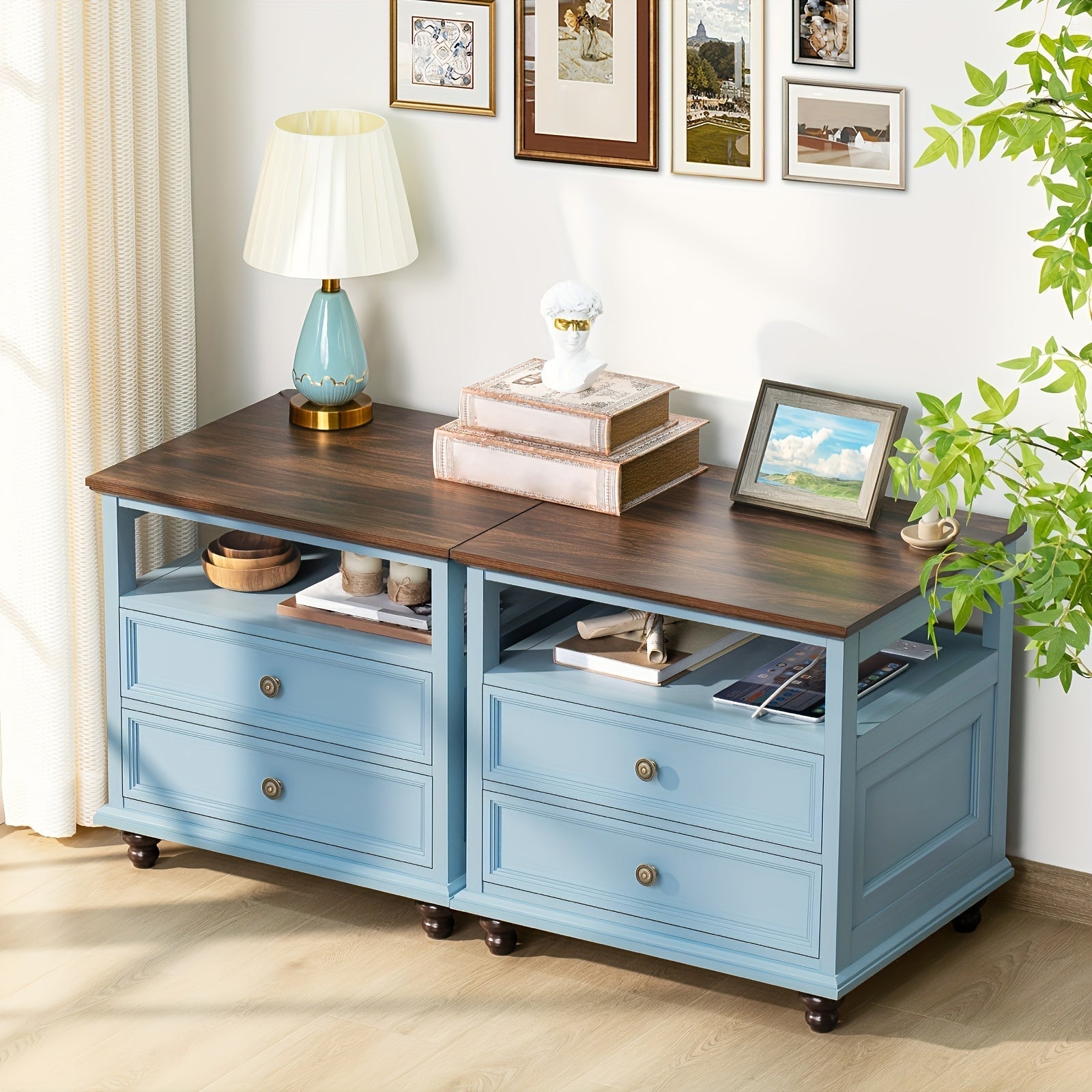 Farmhouse Nightstand With Charging Station, 23.6" Wide End Table With 2 Drawers, Blue Dresser For Bedroom, Bed Side Table Chest Of Drawers Cabinet, Wood Night Stand For Living Room, Closet