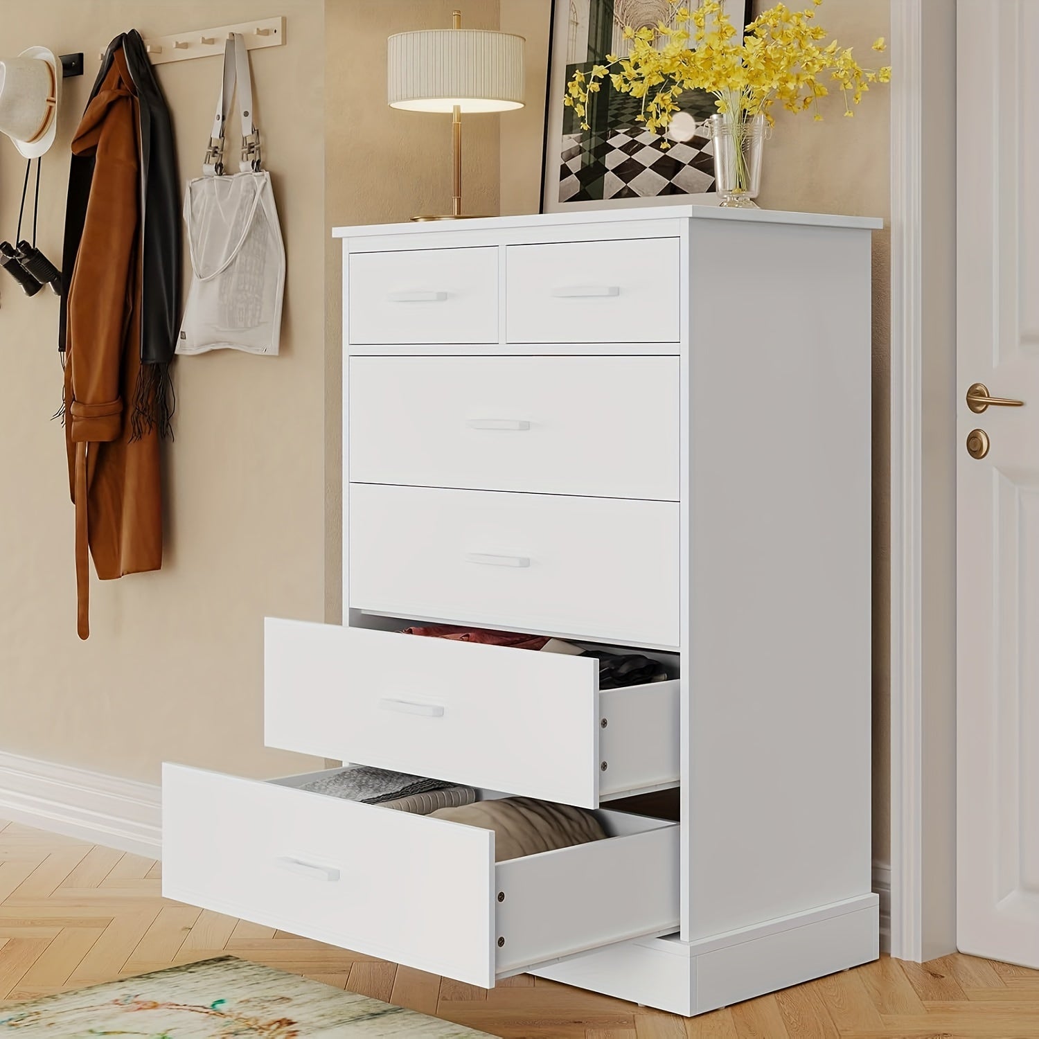 6 Drawers Dresser For Bedroom, Tall Chest Of 6 Drawers Storage Cabinet For Living Room Hallway Entryway, Black/White