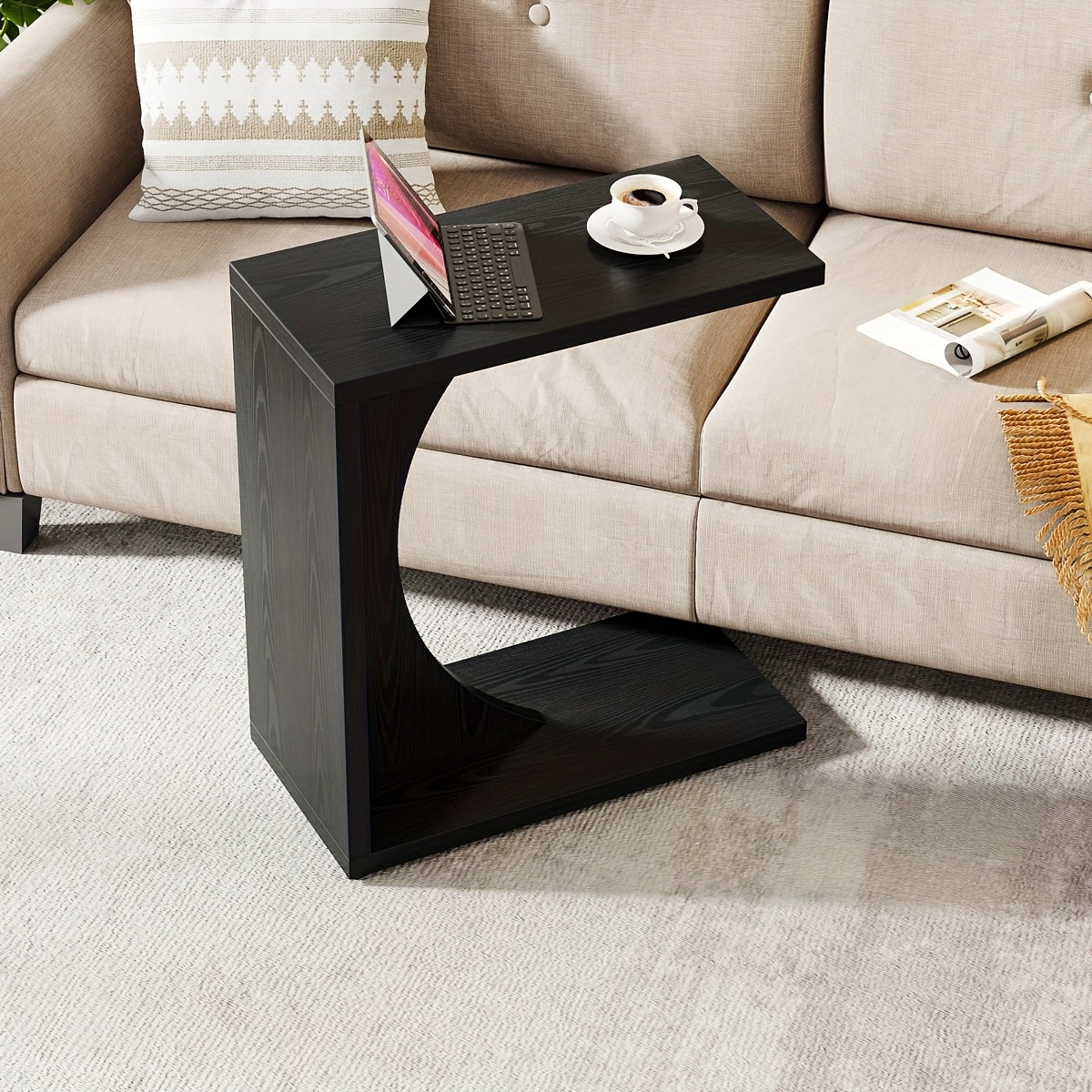 Modern Black C-Shaped End Table - Compact Side Table for Small Spaces, Adjustable Feet, Easy Assembly & Cleaning