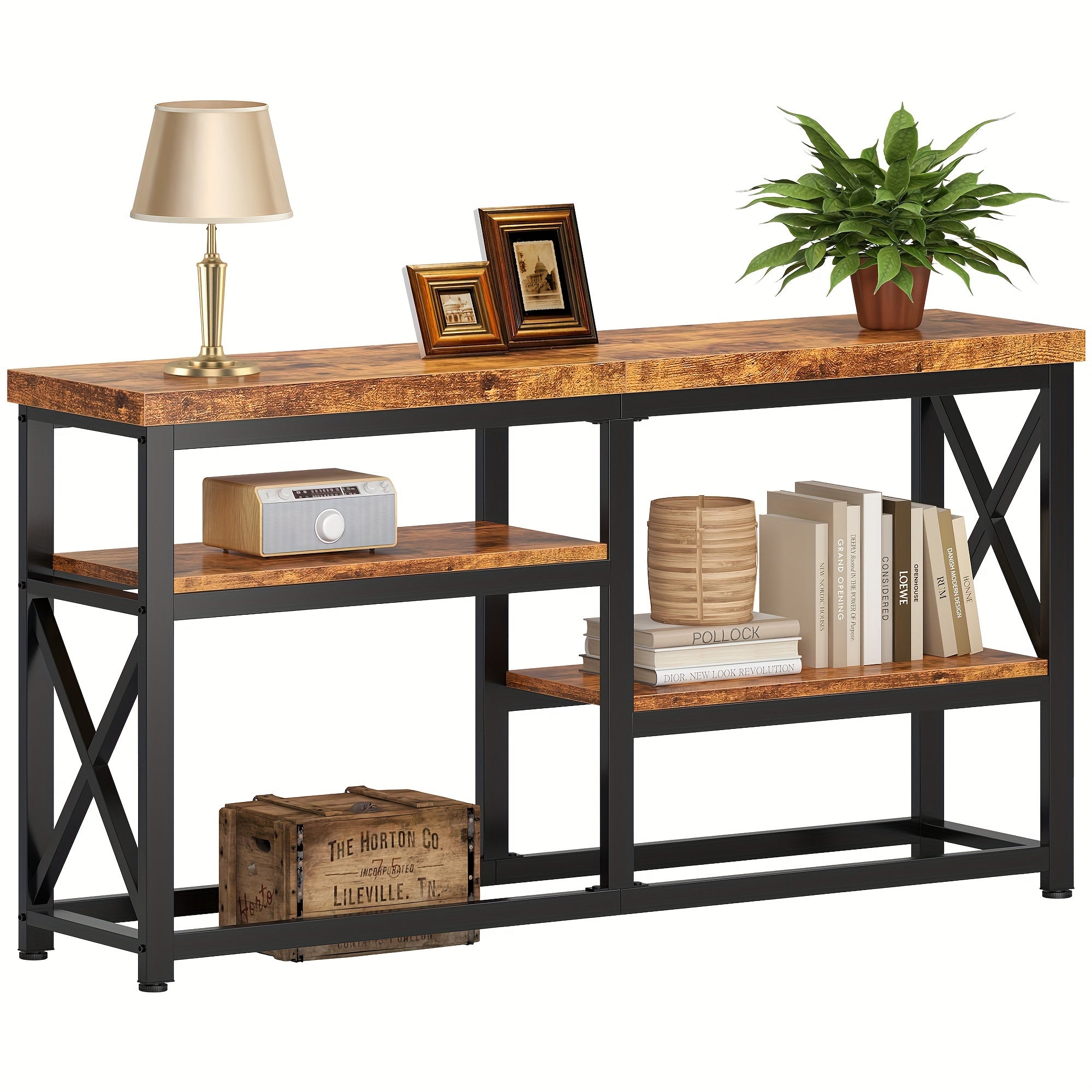 3-Tier Wood Console Table, 140 cm Entertainment Center with Open Storage Shelves, Industrial TV Stand, Entryway Table, Sofa Side Table, Coffee Table, Rustic Brown