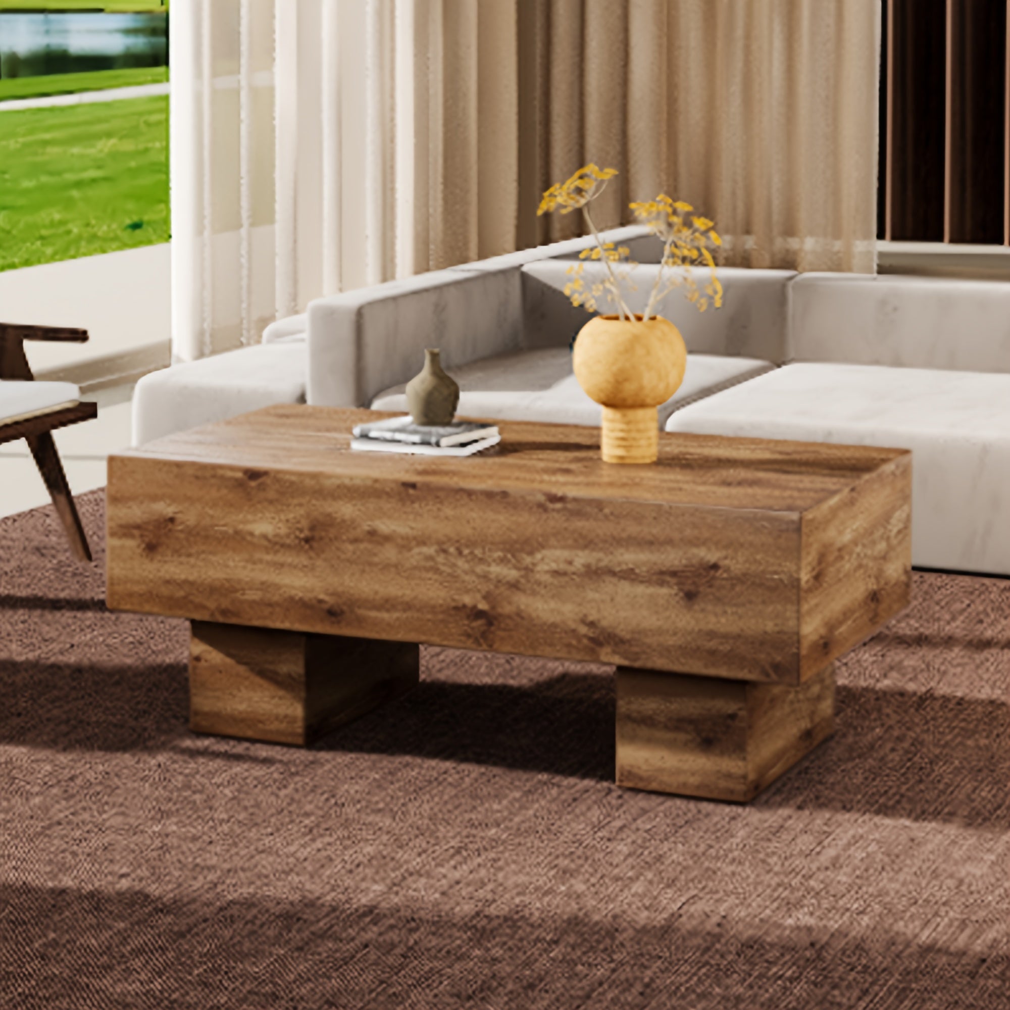 Farmhouse Coffee Table Modern MDF Rectangular Living Room Table Wood MDF Top Rustic Large 43.3 Inch Center Cocktail Tables (Brown)