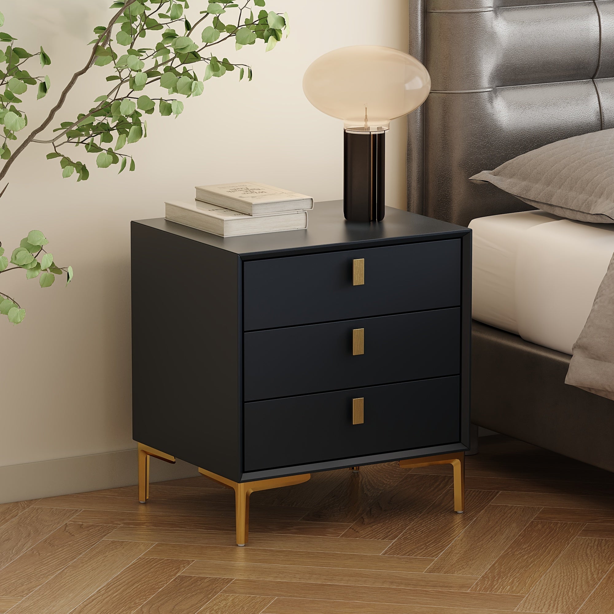 50cm Night Stand with 3 Deep Drawers, Modern Side Table with Metal Handles & Legs